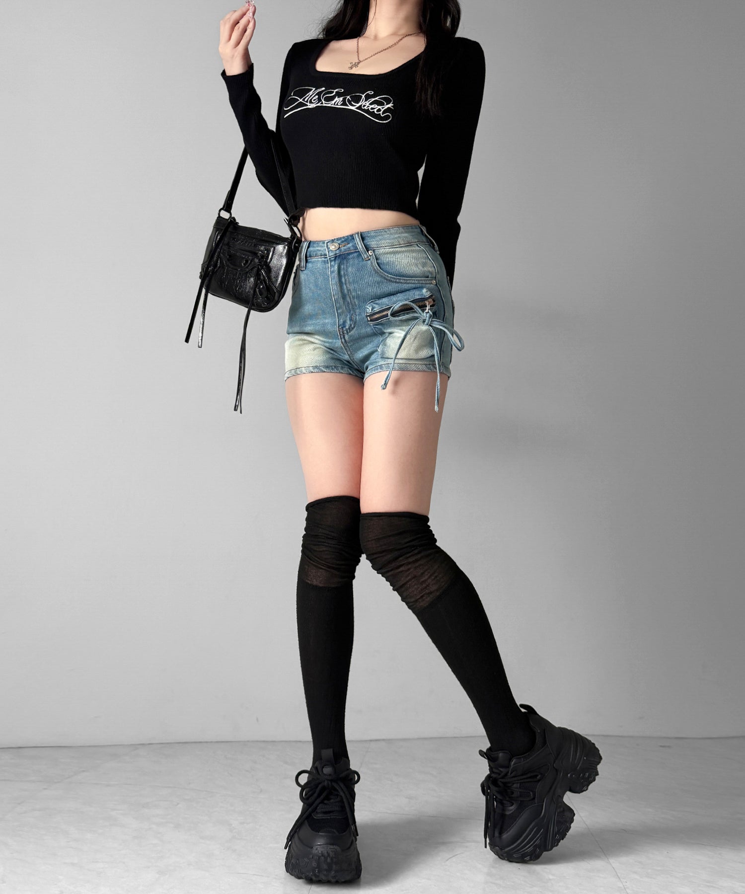 リボンストリングカーゴポケットデニムショートパンツ/ribbon string cargo pocket denim short pants