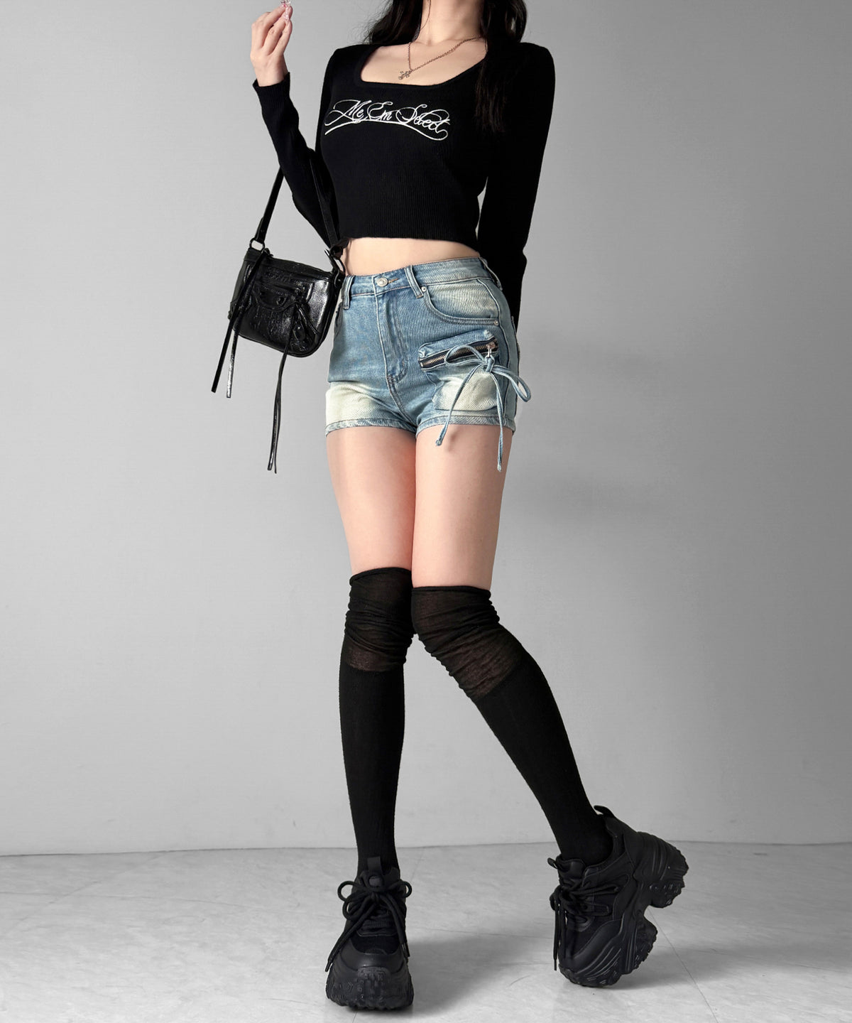 リボンストリングカーゴポケットデニムショートパンツ/ribbon string cargo pocket denim short pants