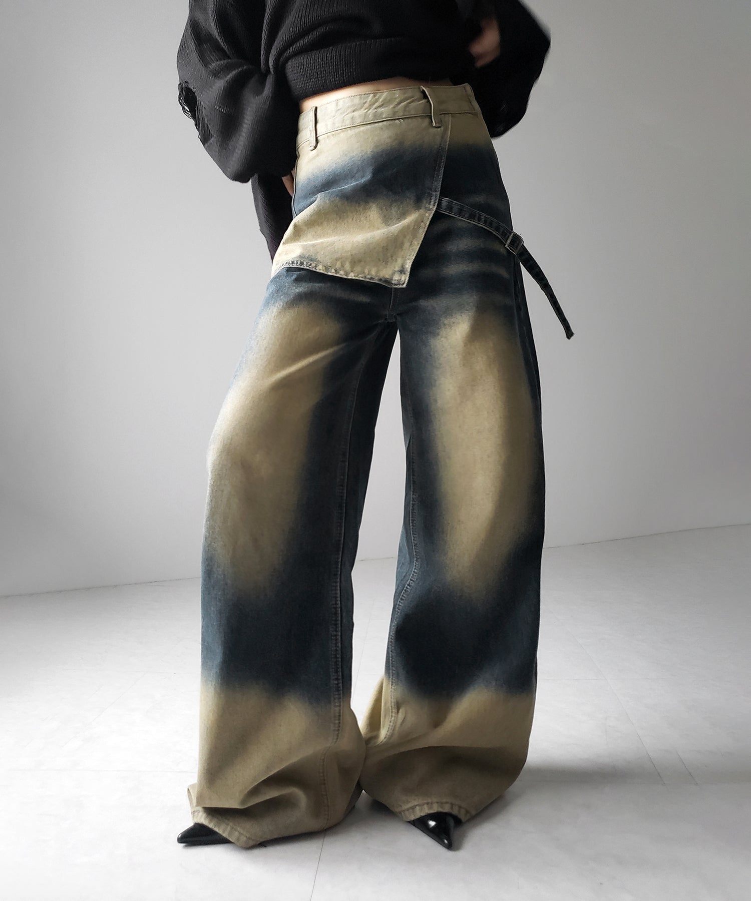 【 2color /4size 】ラップレイヤードバイカラーブリーチワイドデニム / wrap layered bicolor bleach wide denim