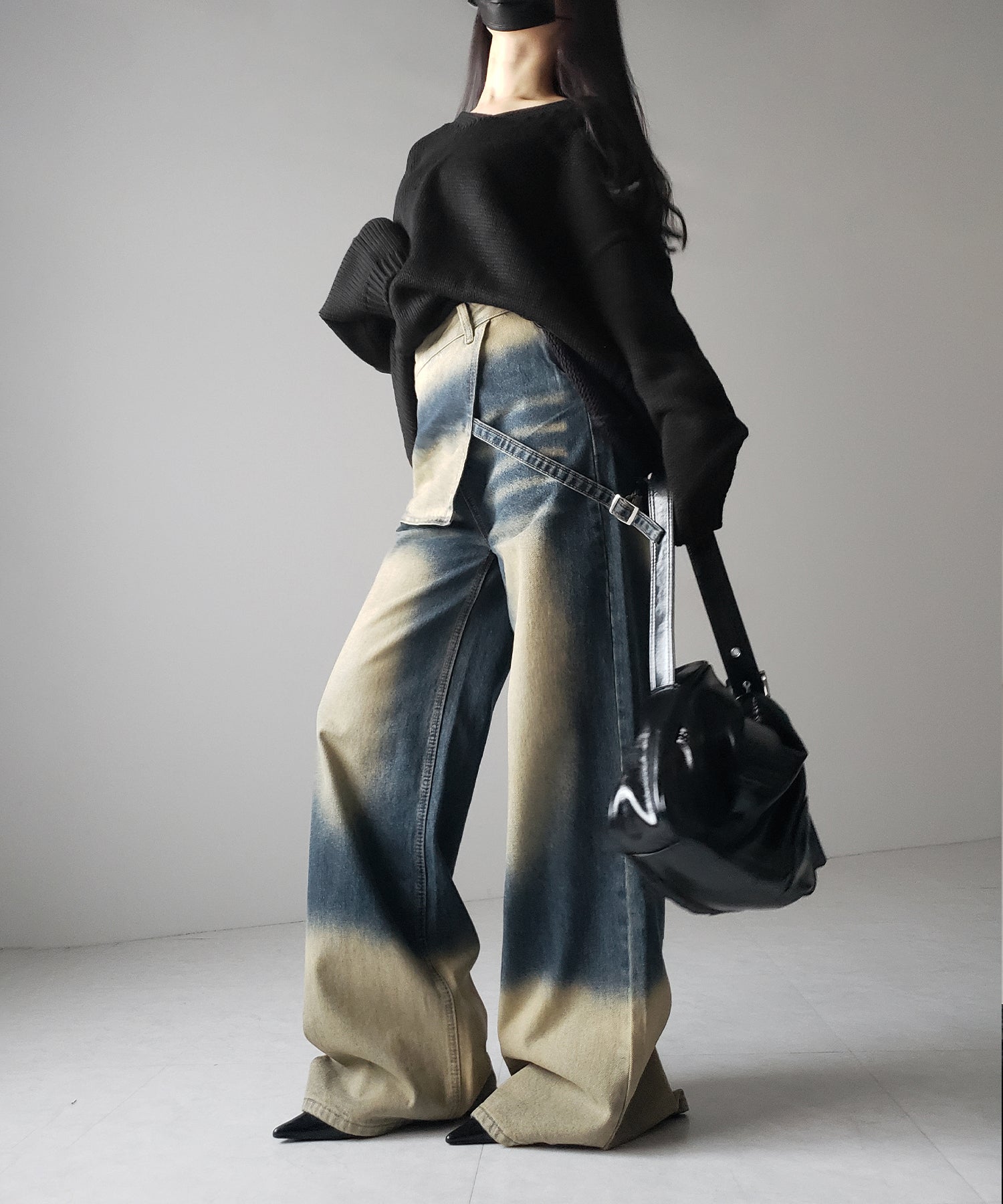 【 2color /4size 】ラップレイヤードバイカラーブリーチワイドデニム / wrap layered bicolor bleach wide denim