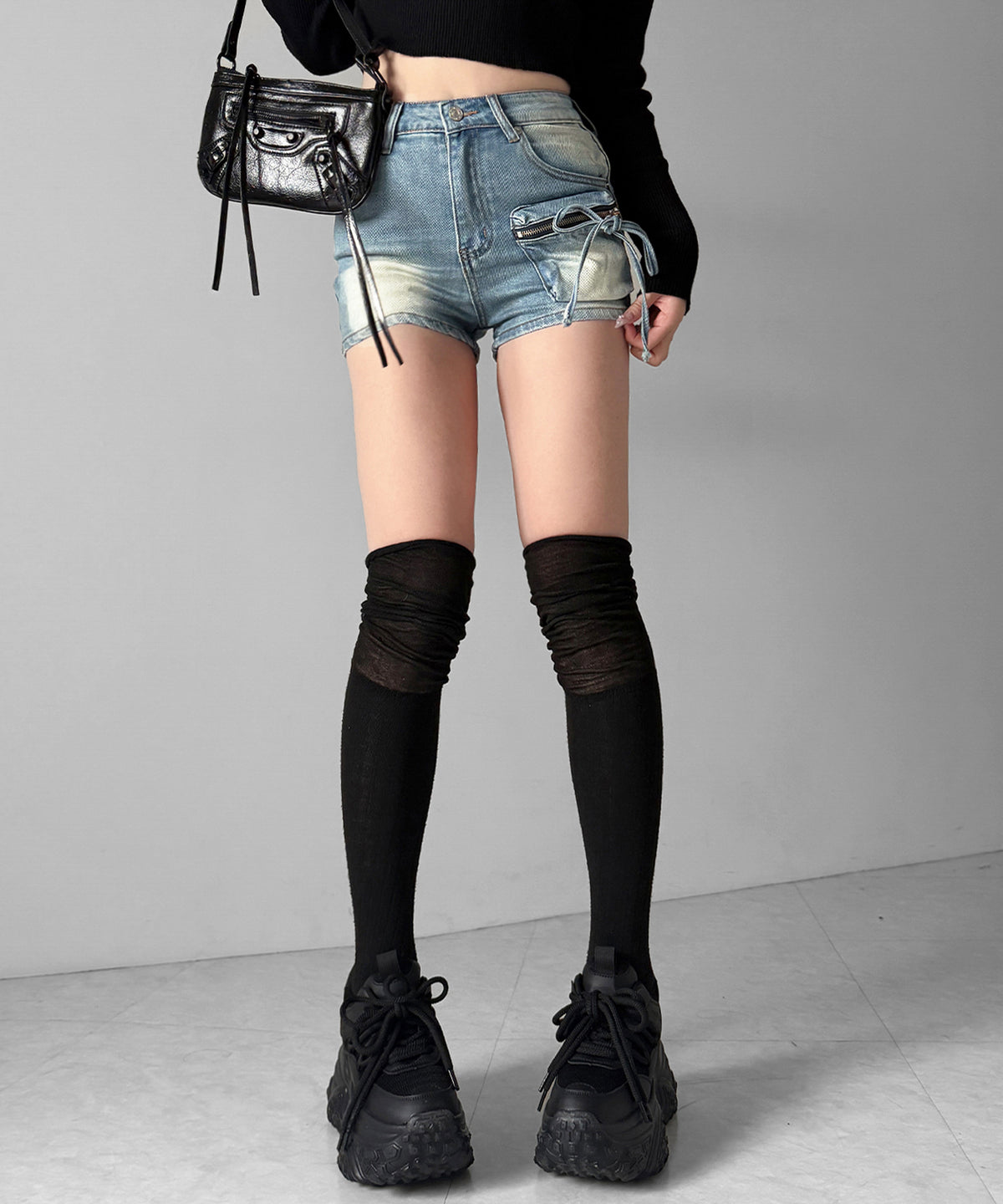 リボンストリングカーゴポケットデニムショートパンツ/ribbon string cargo pocket denim short pants