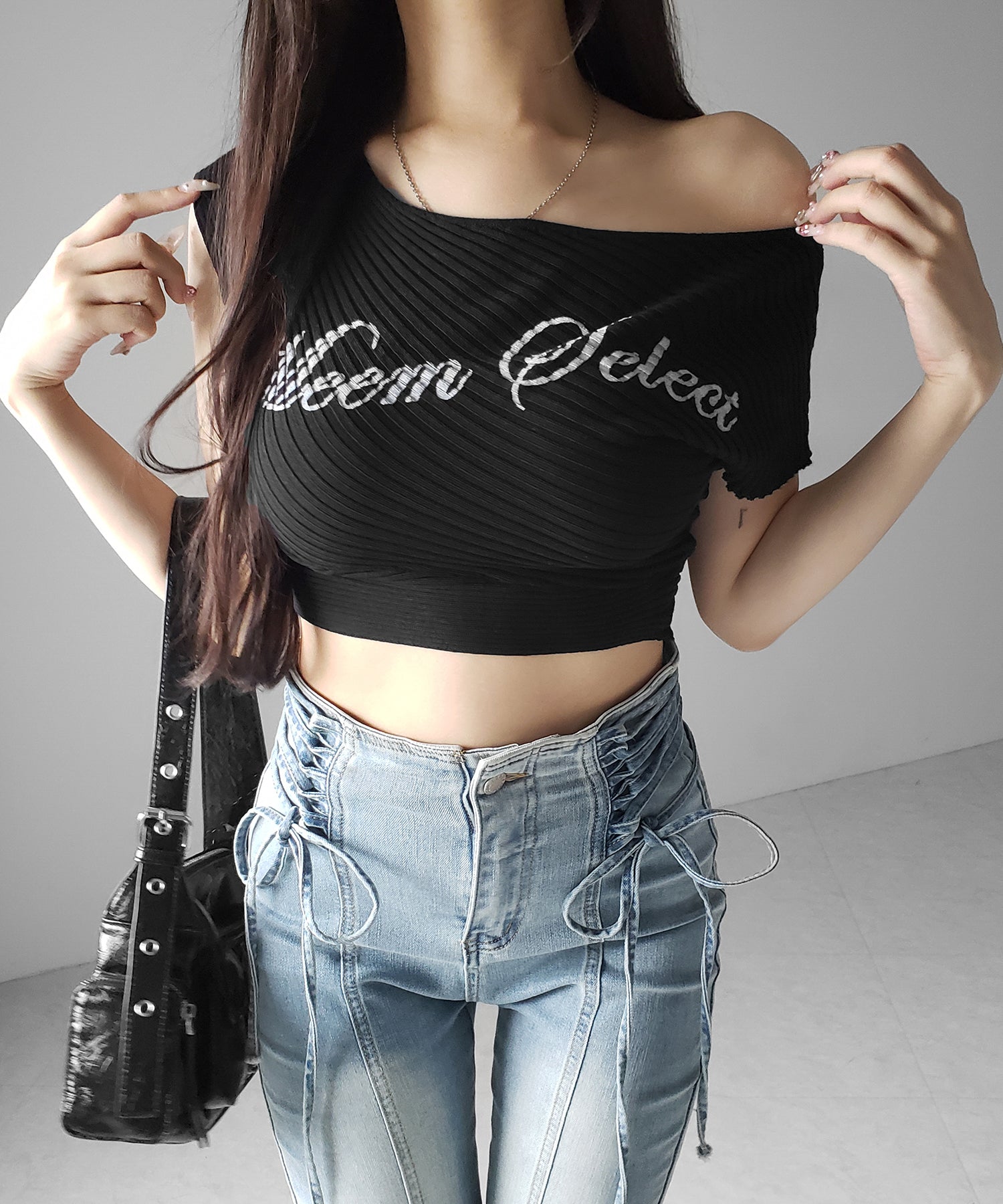 サイドレースアップリボン美脚ストレッチフレアデニム / side laceup ribbon slim leg stretch flare denim