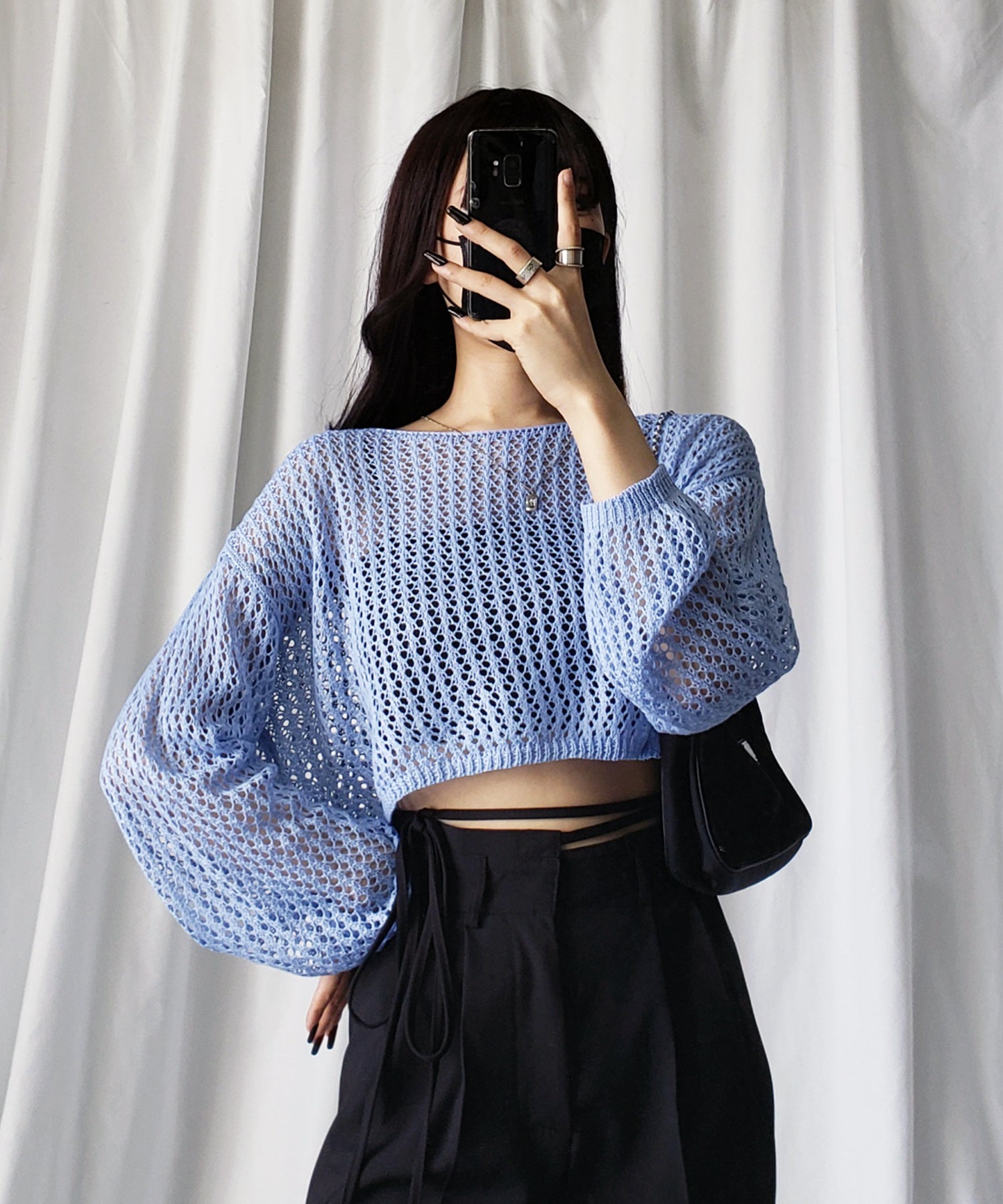 【 7color 】ショート丈メッシュクロシェ透かし編みニット