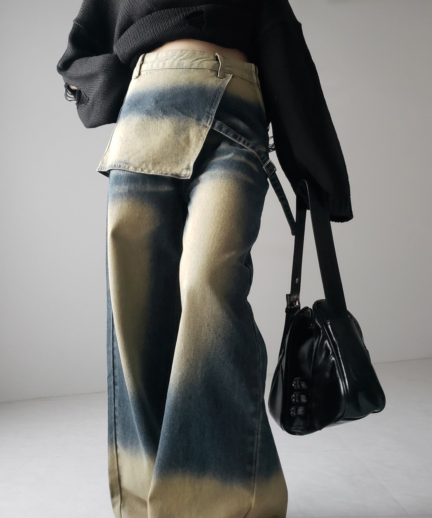 【 2color /4size 】ラップレイヤードバイカラーブリーチワイドデニム / wrap layered bicolor bleach wide denim