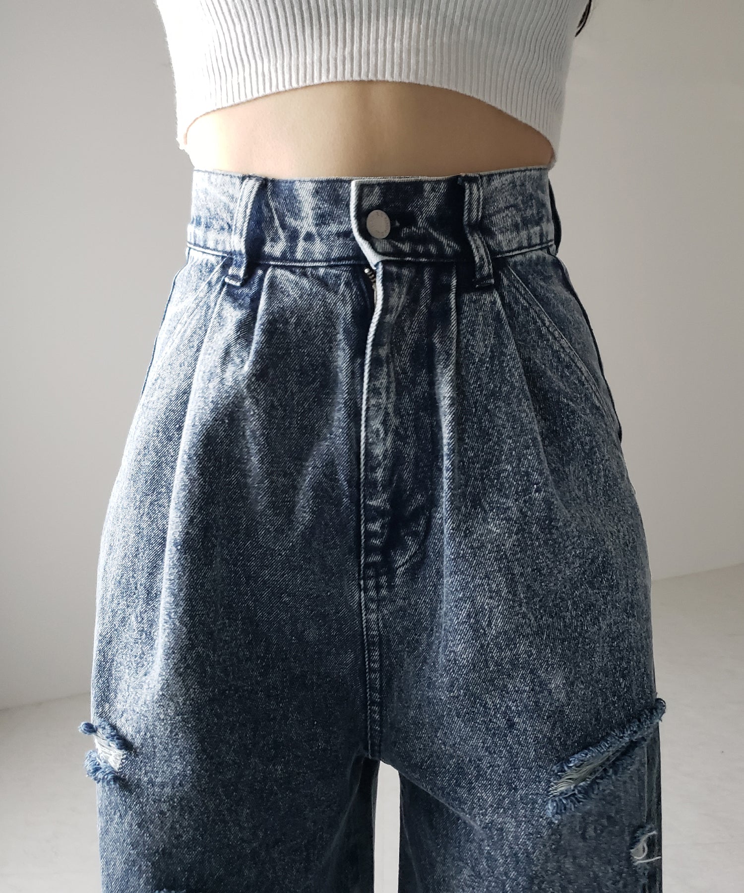 【 デニムセットアップ着用可能 】ヴィンテージケミカルブリーチタックダメージワイドデニム / vintage chemical bleach tuck damage wide denim