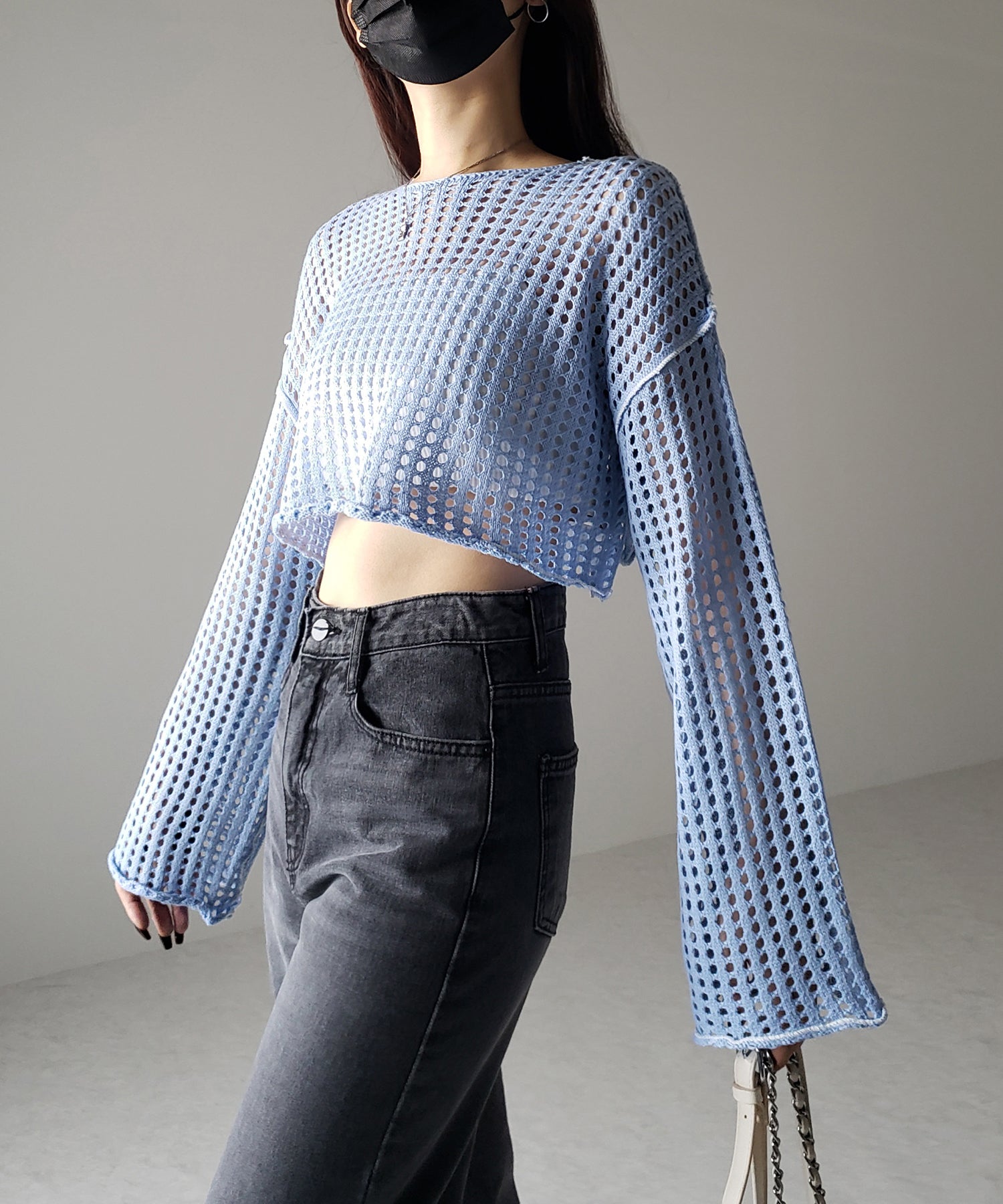 【 6color 】ワイドスリーブステッチクロシェショートニット