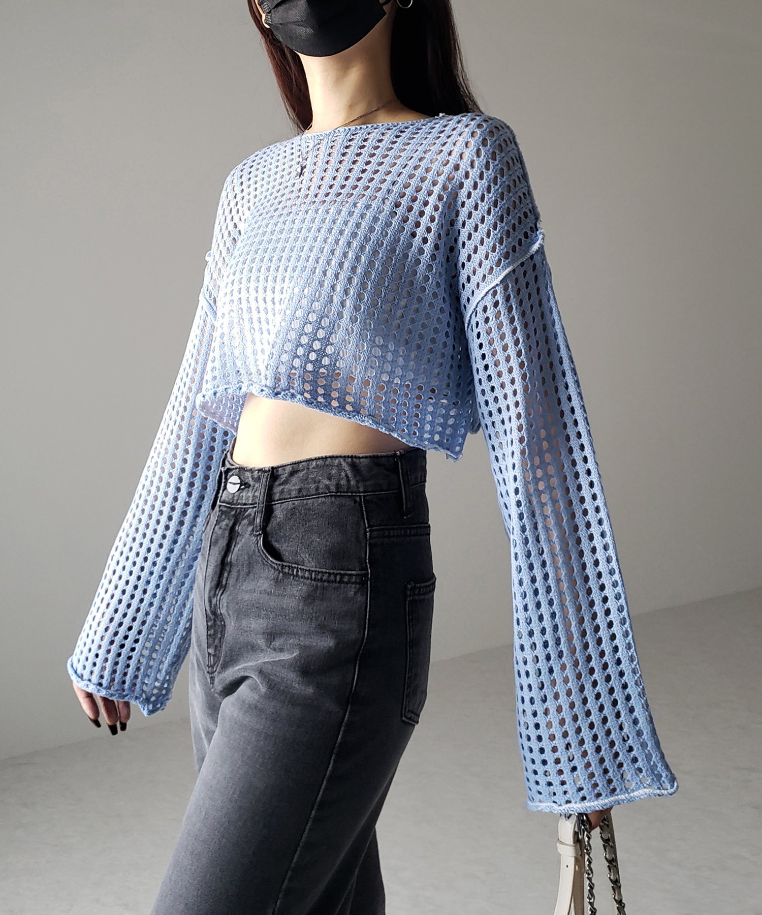 【 6color 】ワイドスリーブステッチクロシェショートニット