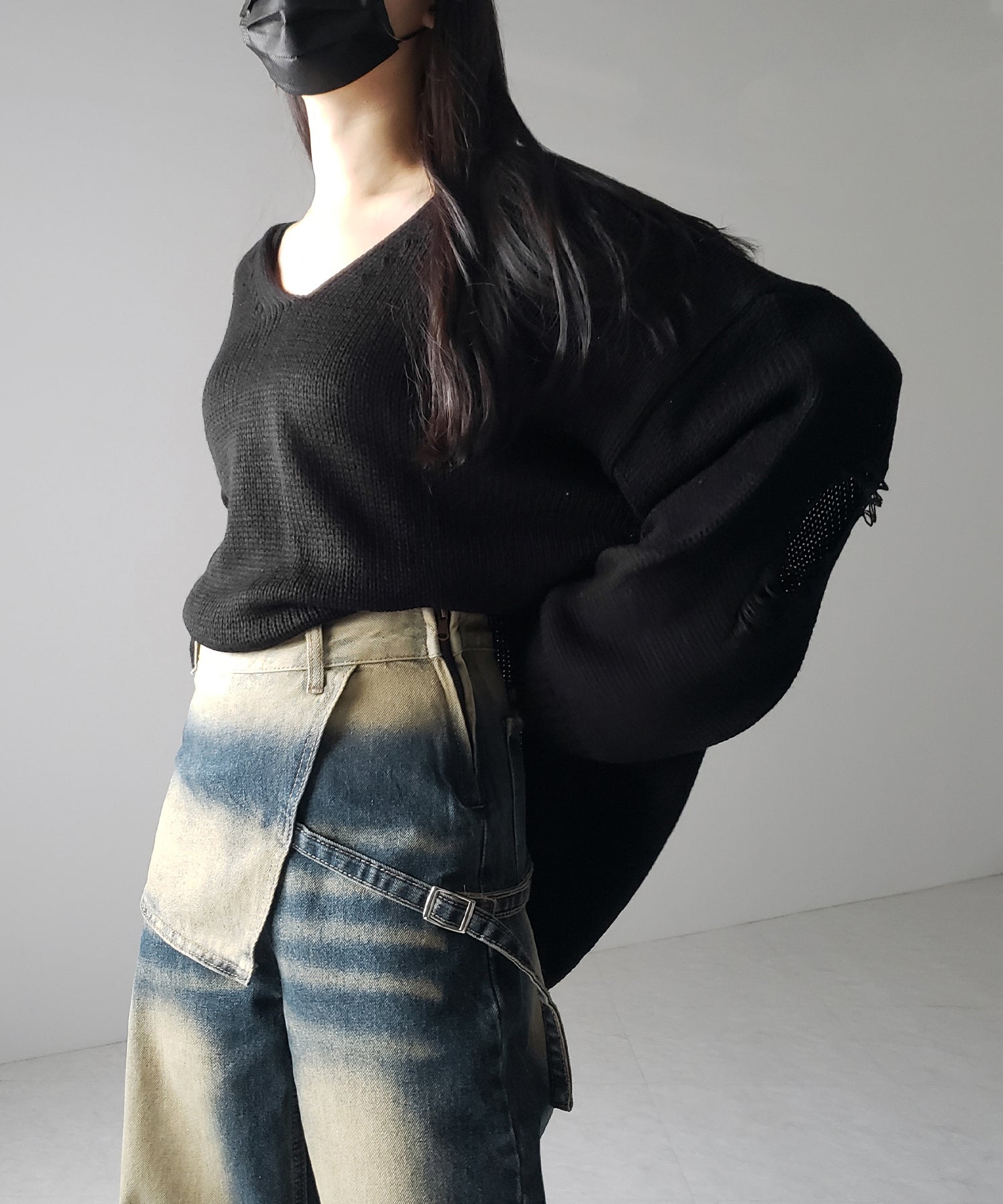 【 2color /4size 】ラップレイヤードバイカラーブリーチワイドデニム / wrap layered bicolor bleach wide denim