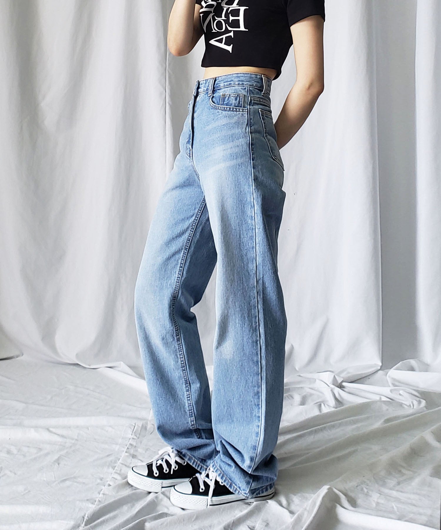 【 2color / 3size 】ハイウエストウォッシングロングデニムパンツ