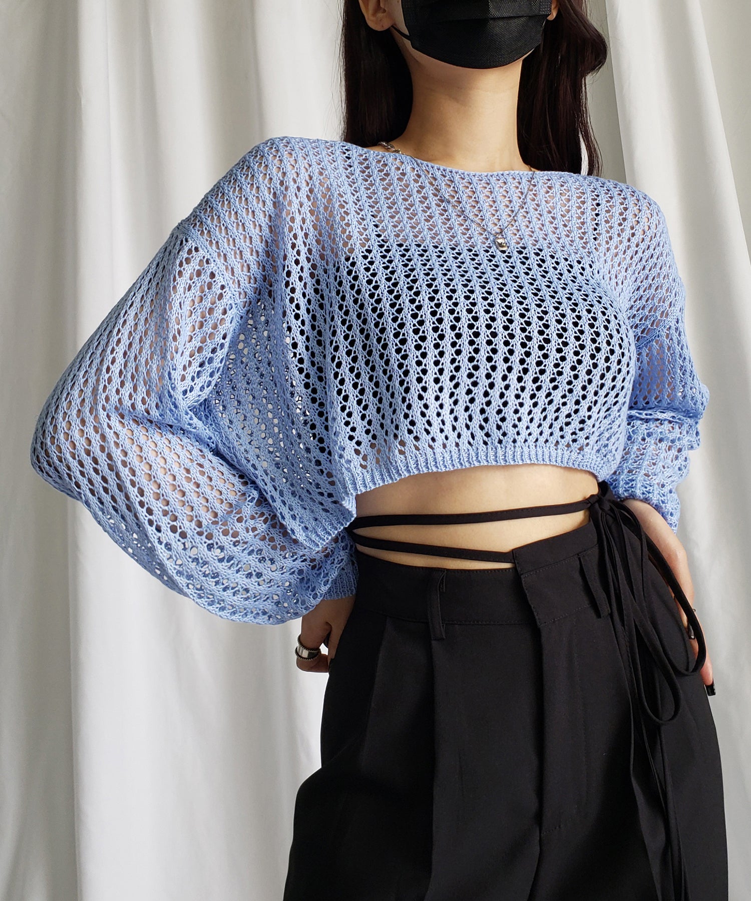 【 7color 】ショート丈メッシュクロシェ透かし編みニット