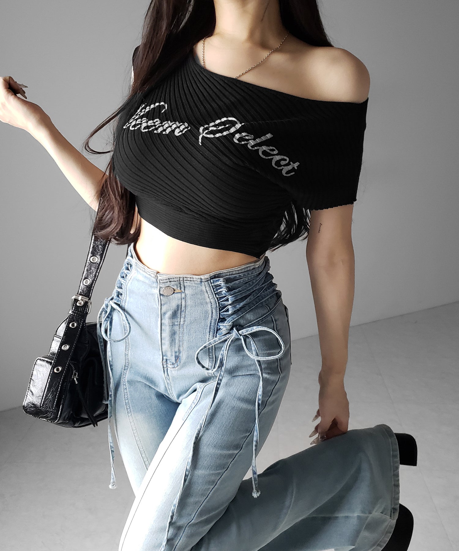 サイドレースアップリボン美脚ストレッチフレアデニム / side laceup ribbon slim leg stretch flare denim