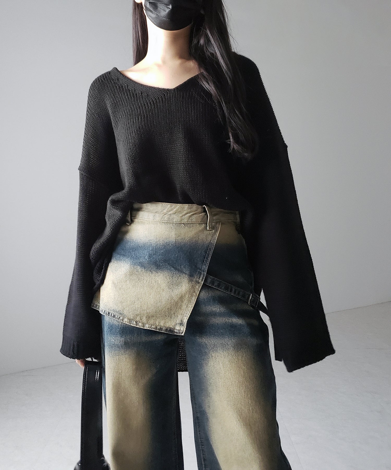 【 2color /4size 】ラップレイヤードバイカラーブリーチワイドデニム / wrap layered bicolor bleach wide denim