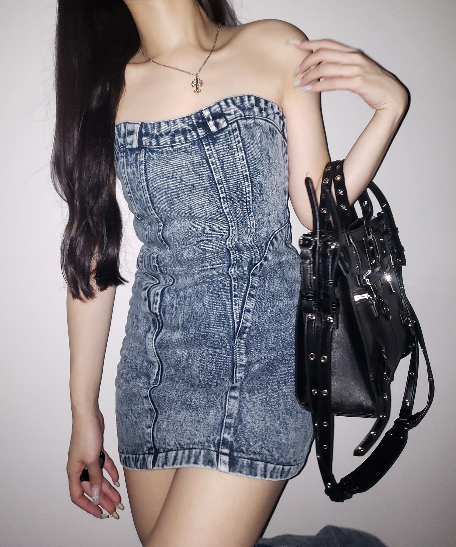 【 デニムセットアップ着用可能 】2WAYヴィンテージケミカルブリーチデニムベアミニワンピース / vintage chemical bleach denim bare mini onepiece