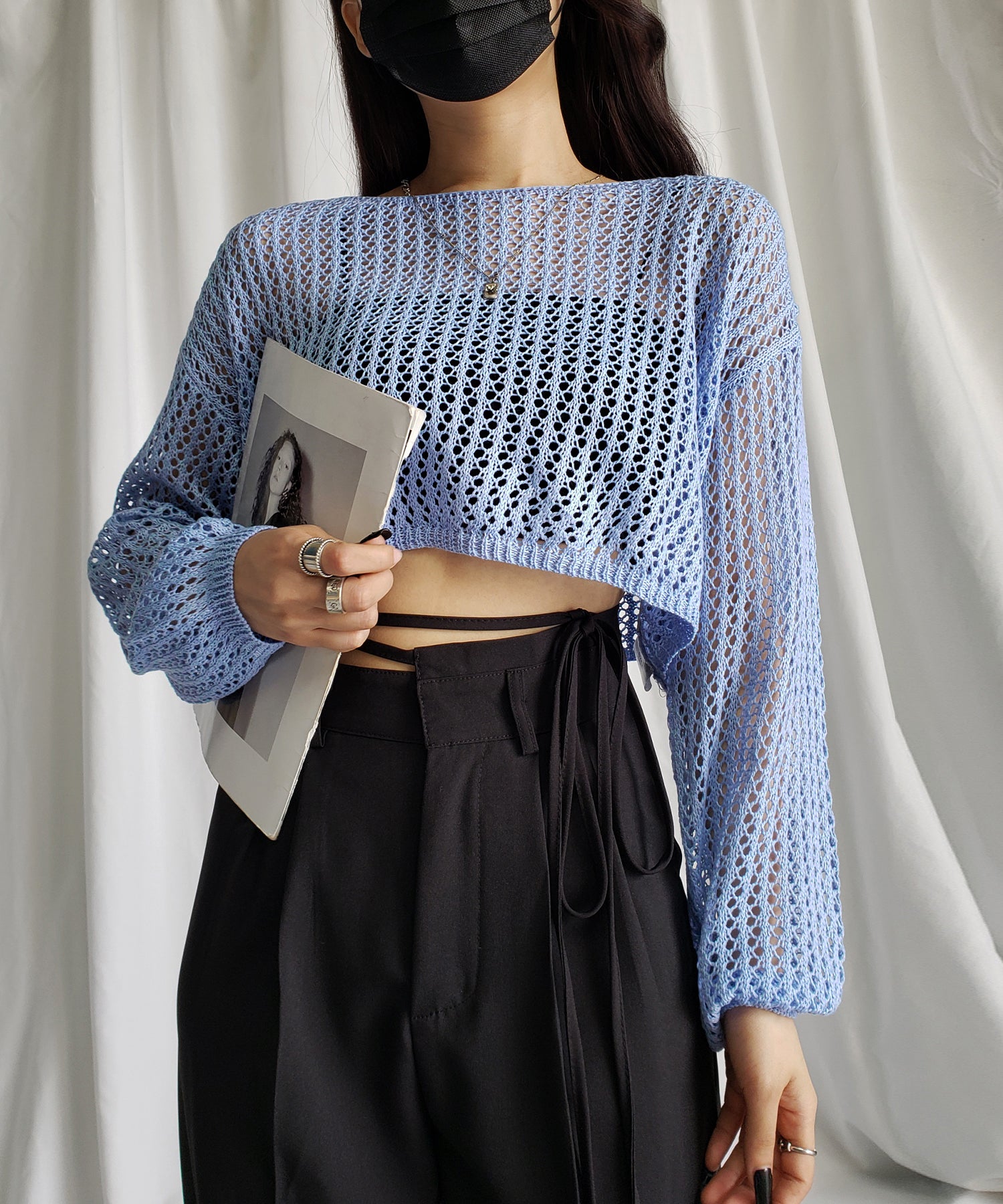 【 7color 】ショート丈メッシュクロシェ透かし編みニット