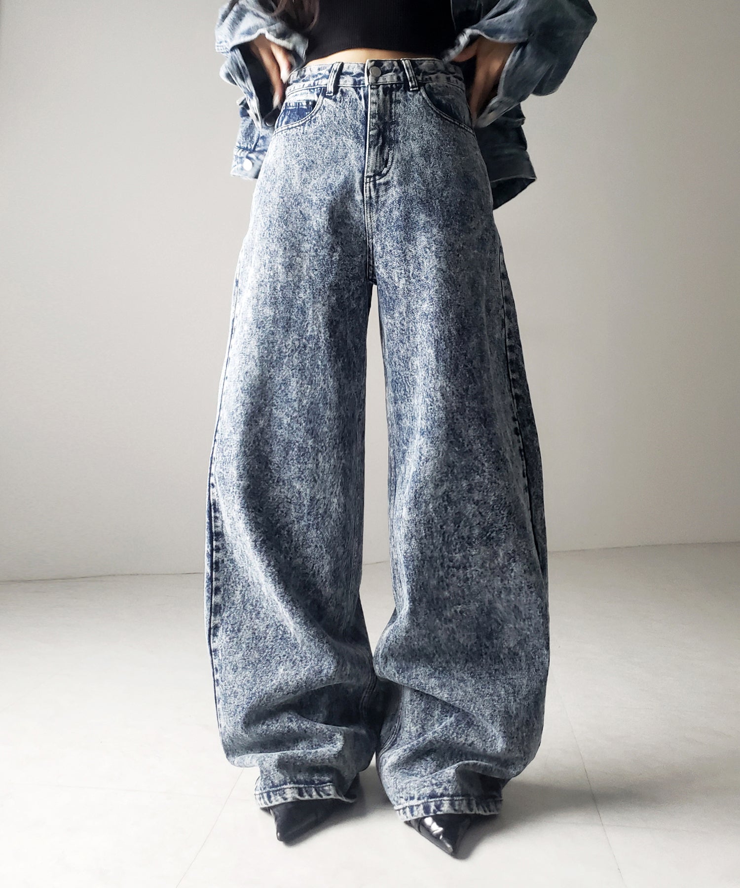 【 セットアップ着用可能 】ヴィンテージケミカルブリーチストレートワイドデニム / vintage chemical bleach straight wide denim