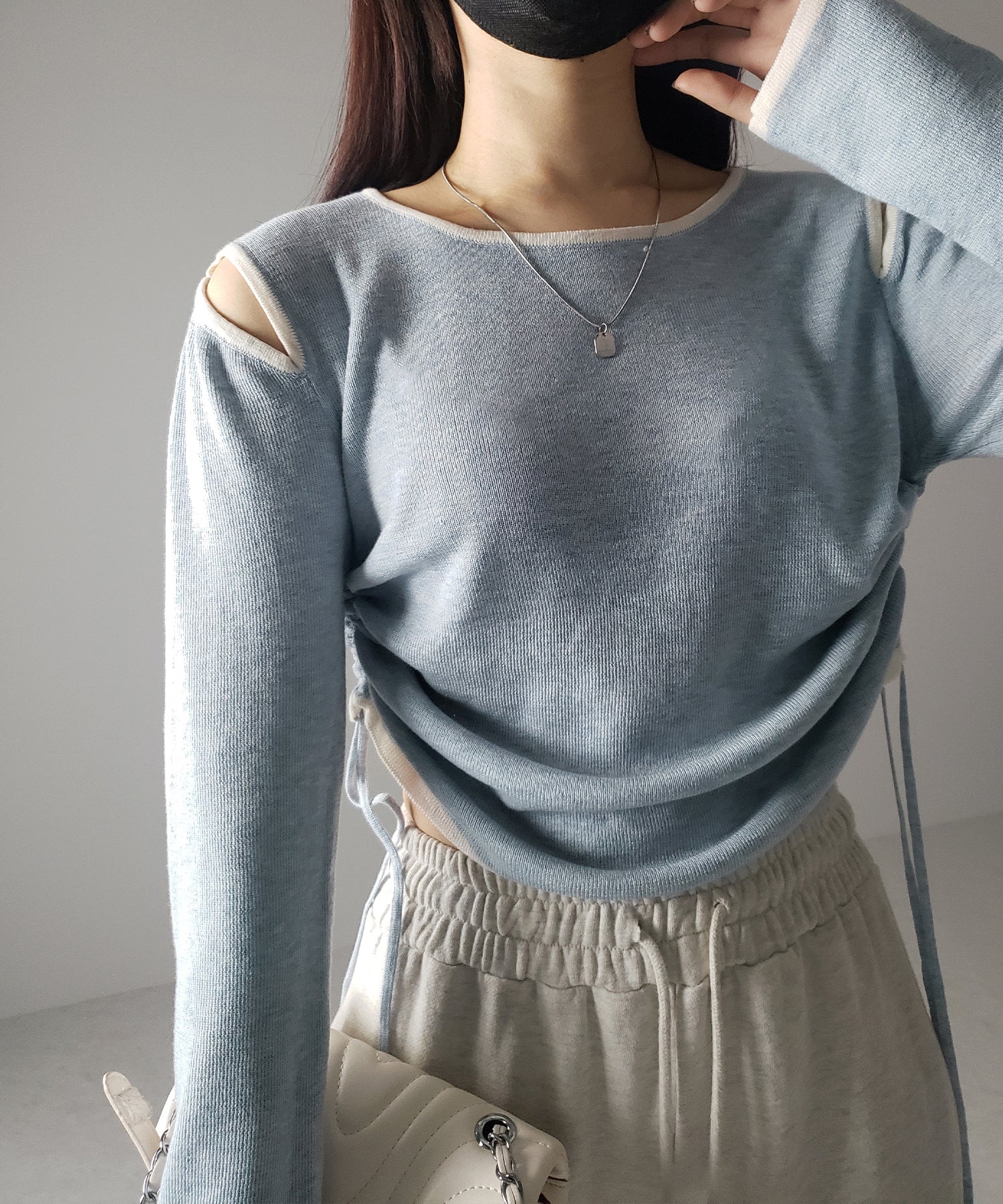 【 4color 】パイピングカットアウトサイドリボンニットトップス