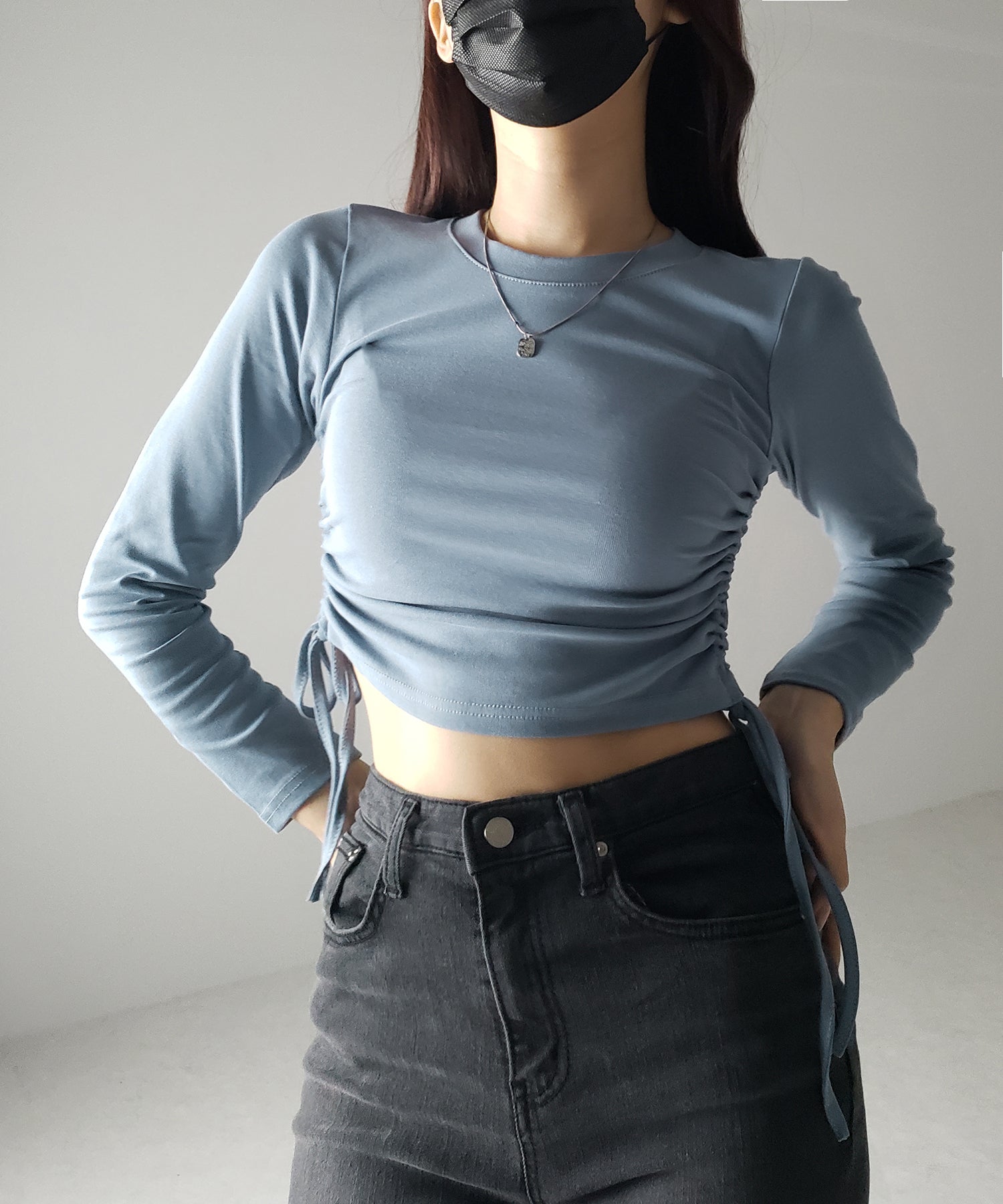 【 7color / 3size 】サイドシャーリングリボンショート長袖Tシャツ