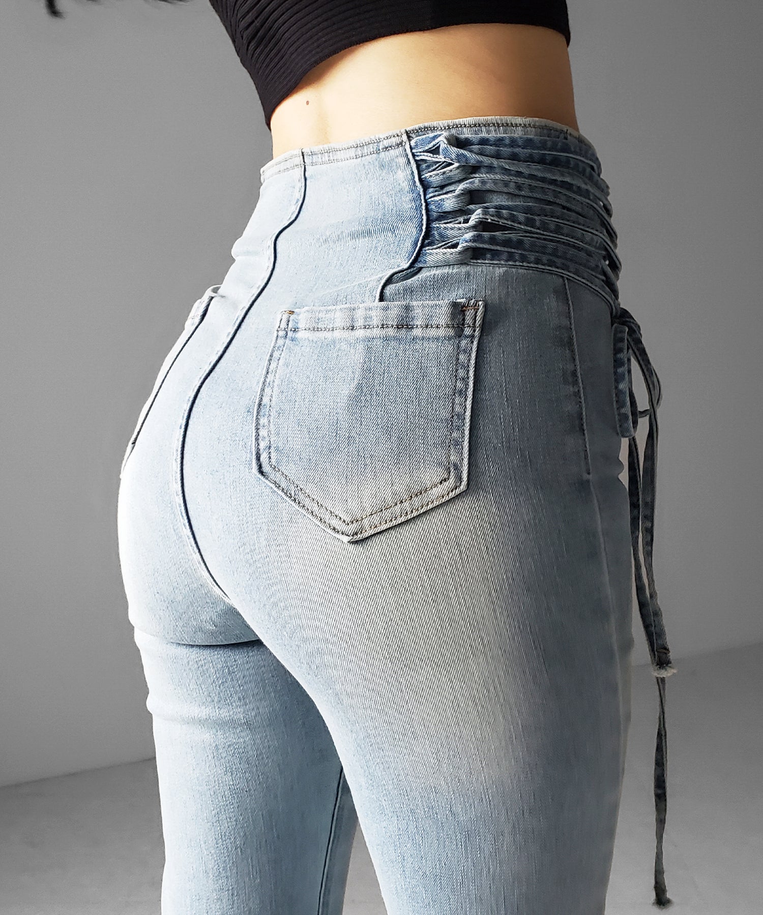 サイドレースアップリボン美脚ストレッチフレアデニム / side laceup ribbon slim leg stretch flare denim