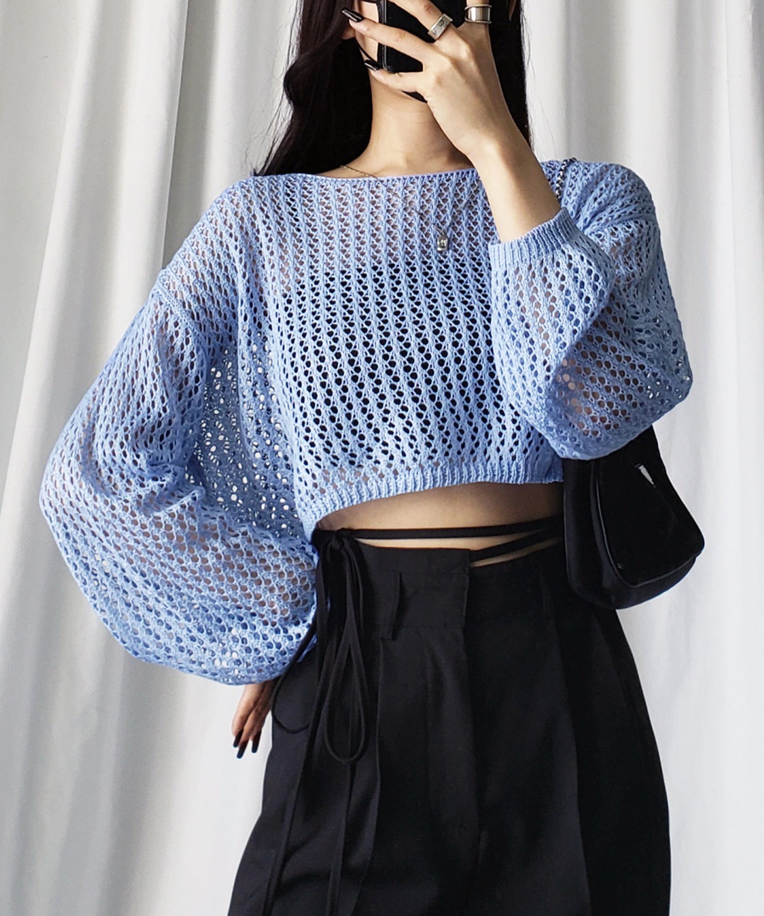 【 7color 】ショート丈メッシュクロシェ透かし編みニット