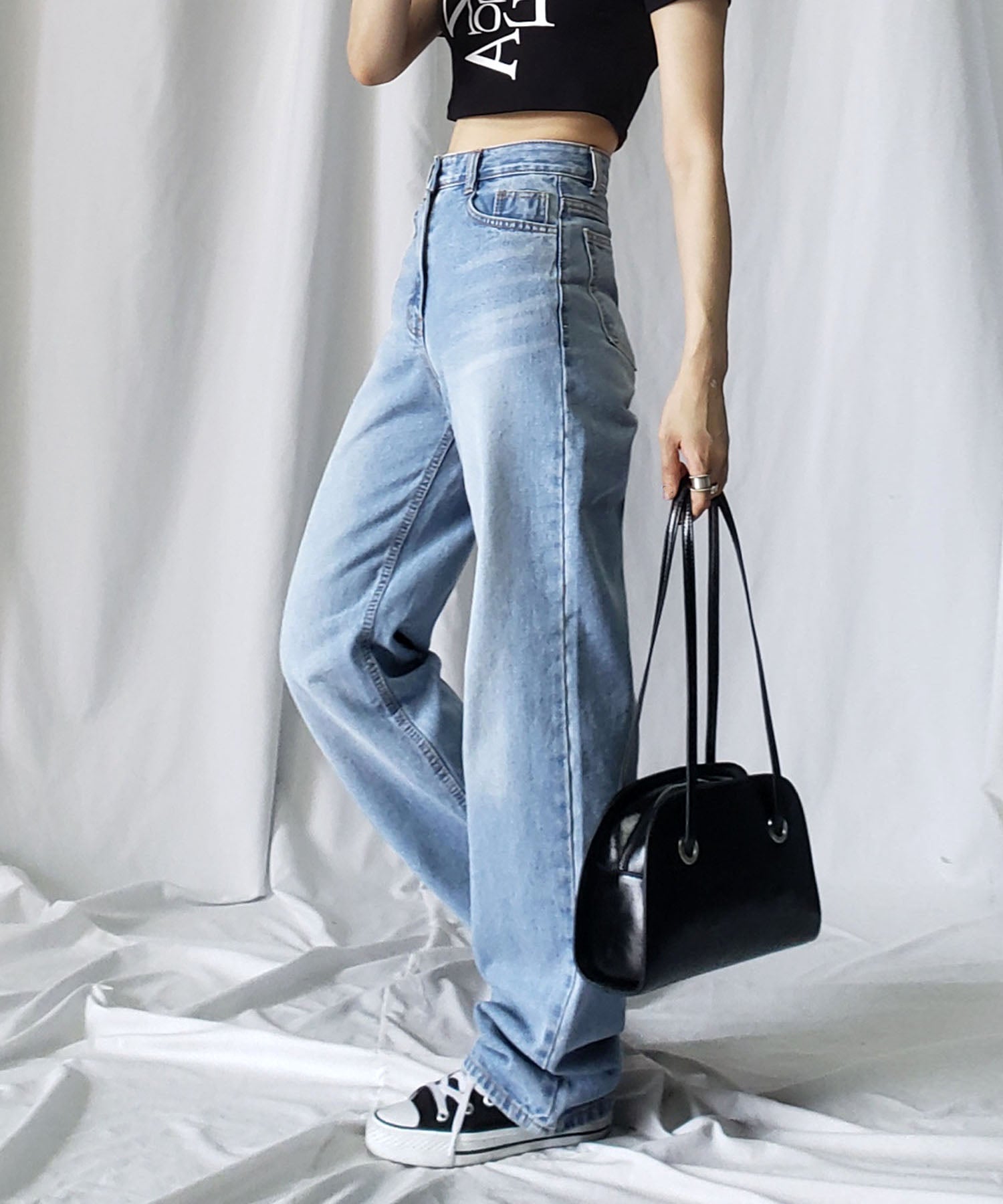 【 2color / 3size 】ハイウエストウォッシングロングデニムパンツ