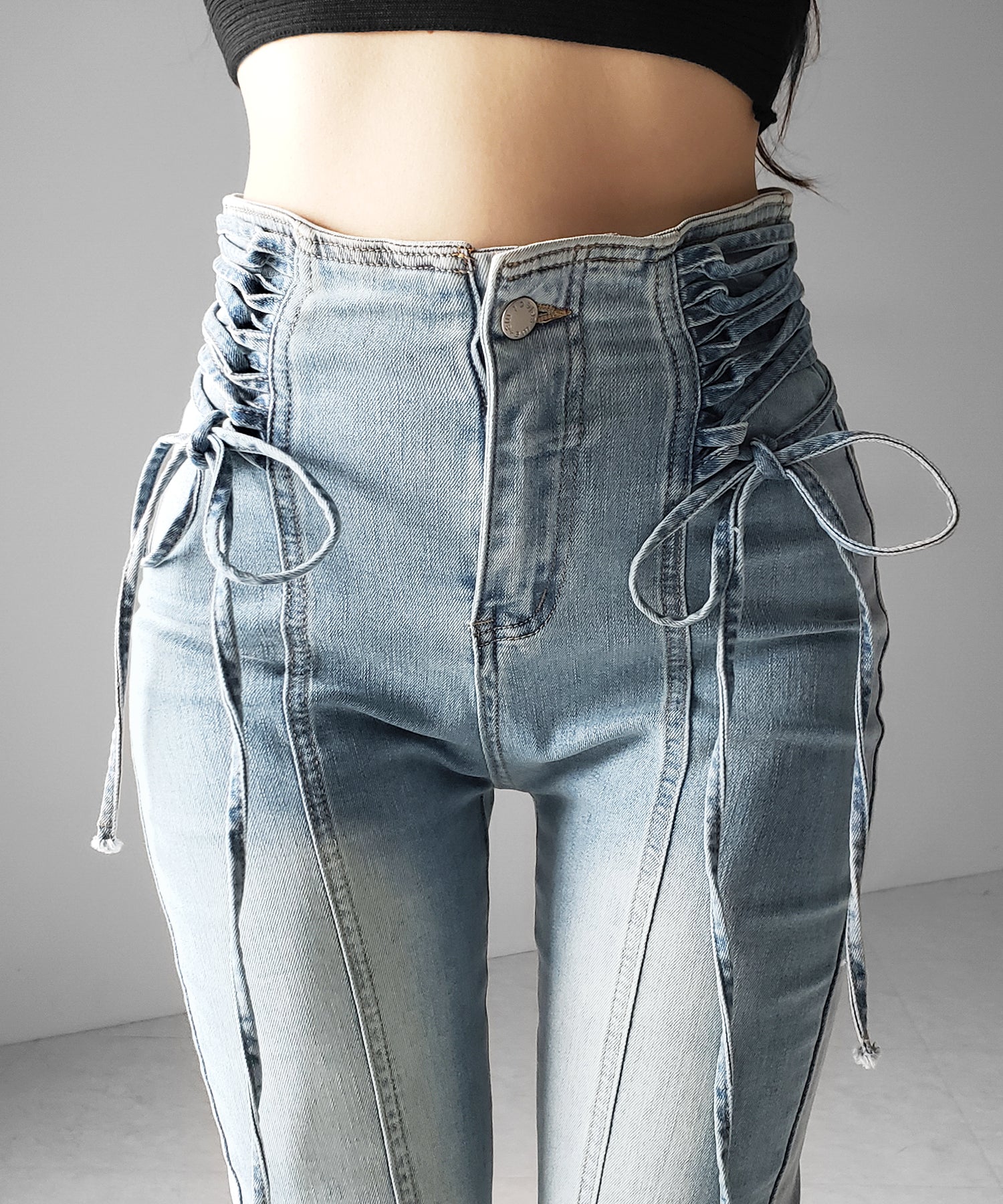 サイドレースアップリボン美脚ストレッチフレアデニム / side laceup ribbon slim leg stretch flare denim