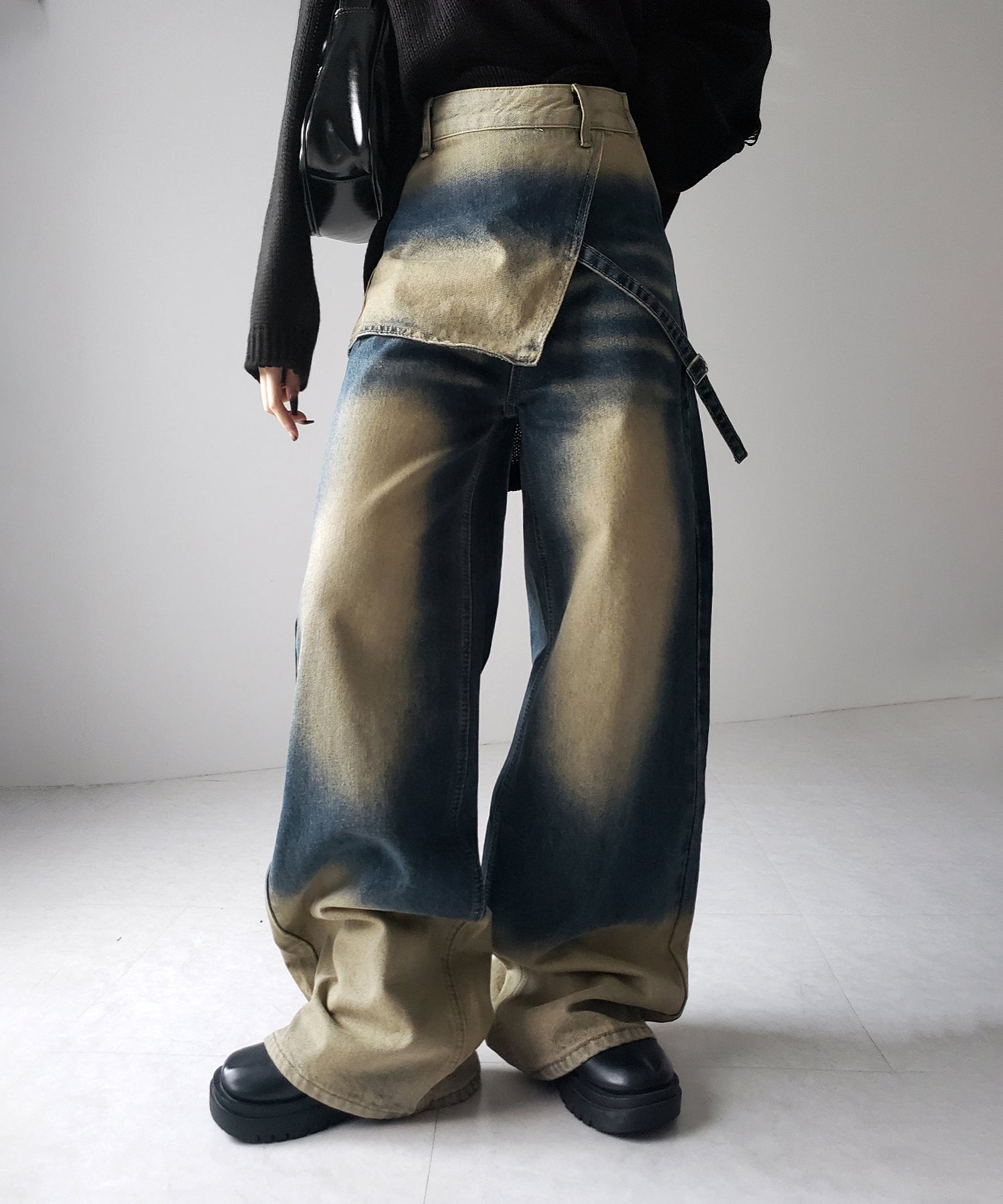 【 2color /4size 】ラップレイヤードバイカラーブリーチワイドデニム / wrap layered bicolor bleach wide denim