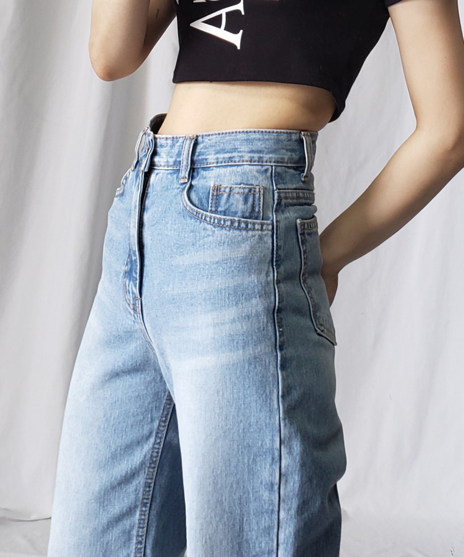 【 2color / 3size 】ハイウエストウォッシングロングデニムパンツ