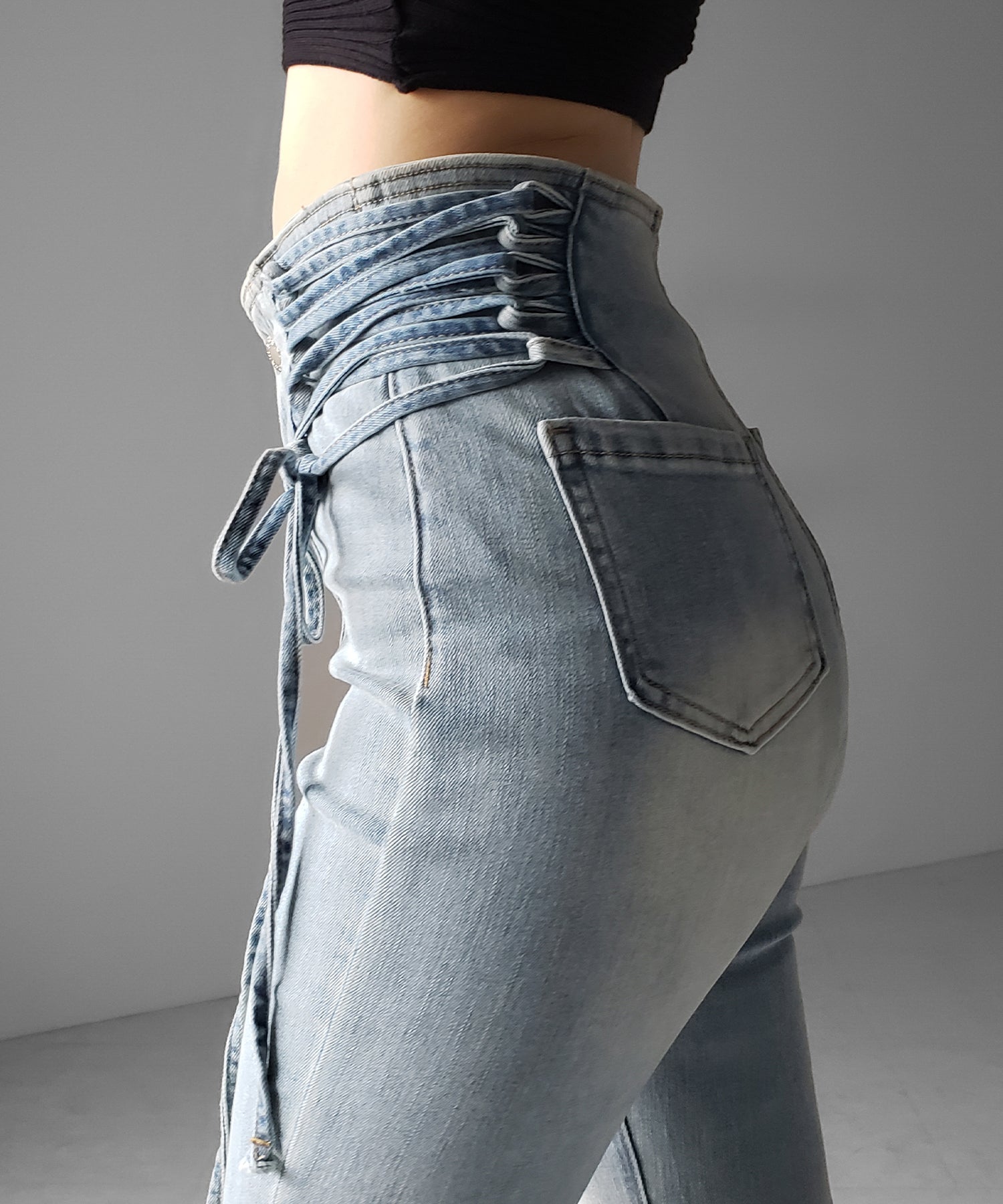 サイドレースアップリボン美脚ストレッチフレアデニム / side laceup ribbon slim leg stretch flare denim