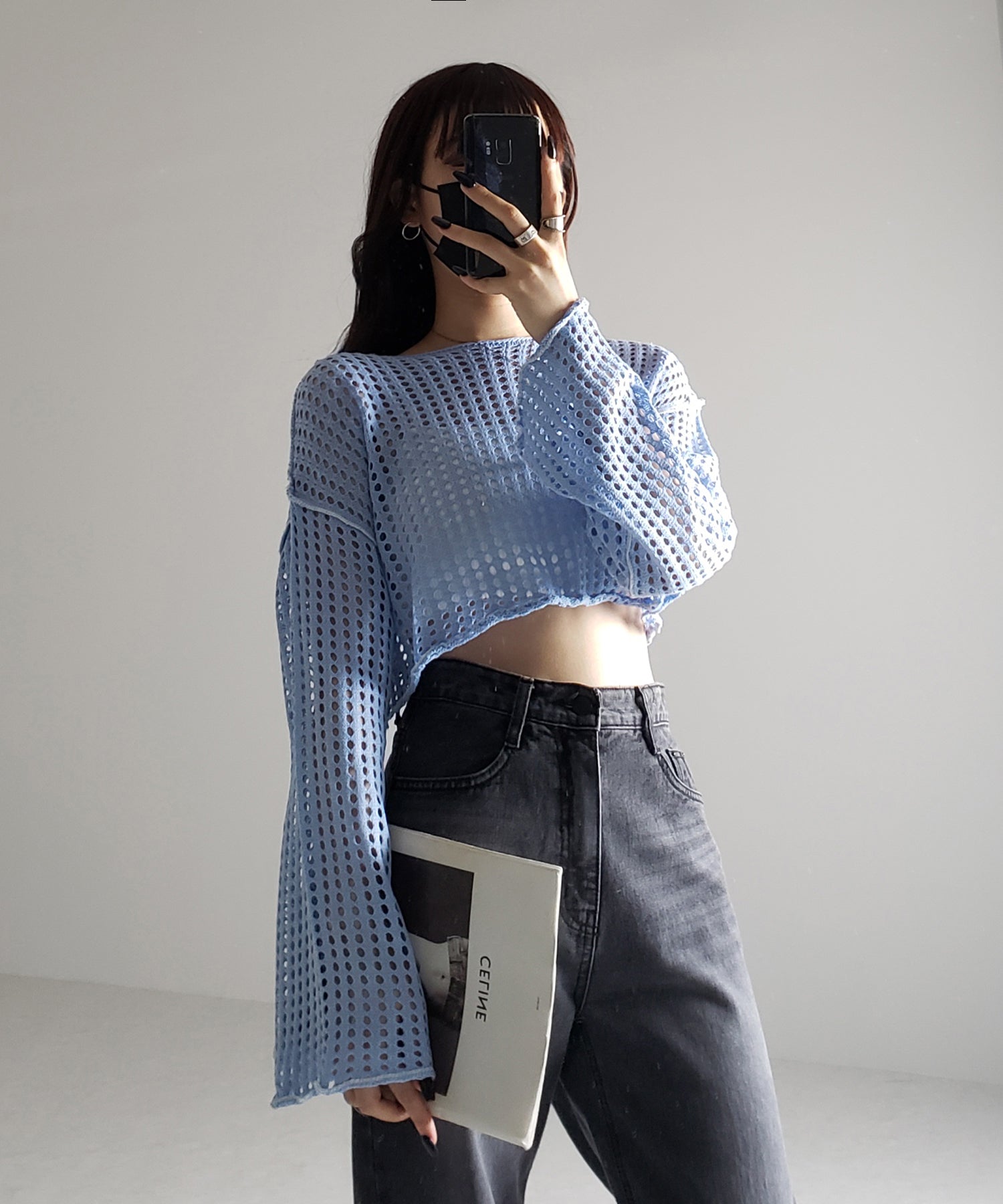 【 6color 】ワイドスリーブステッチクロシェショートニット