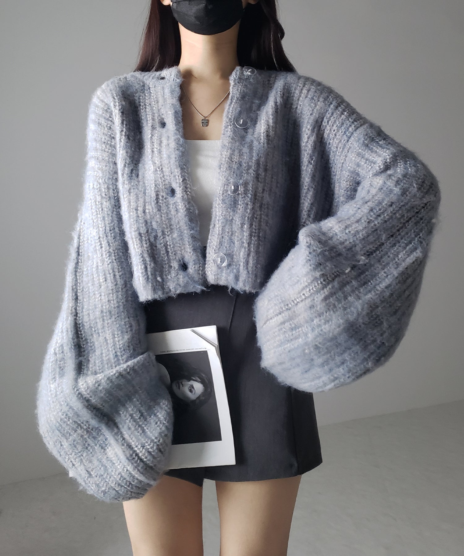 ボリュームワイドスリーブショートシャギーニットカーディガン / volume wide sleeve short shaggy knit cardigan