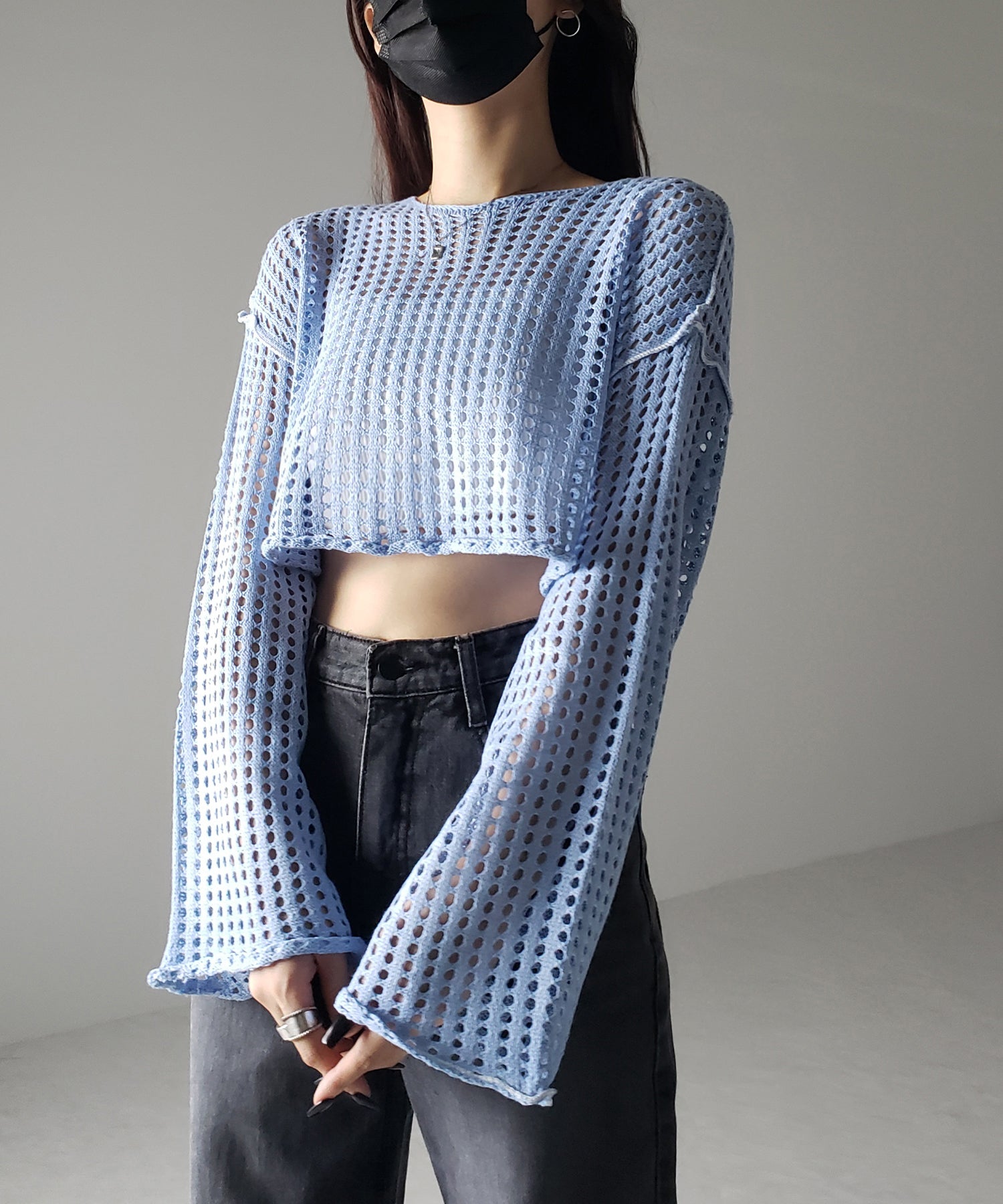 【 6color 】ワイドスリーブステッチクロシェショートニット