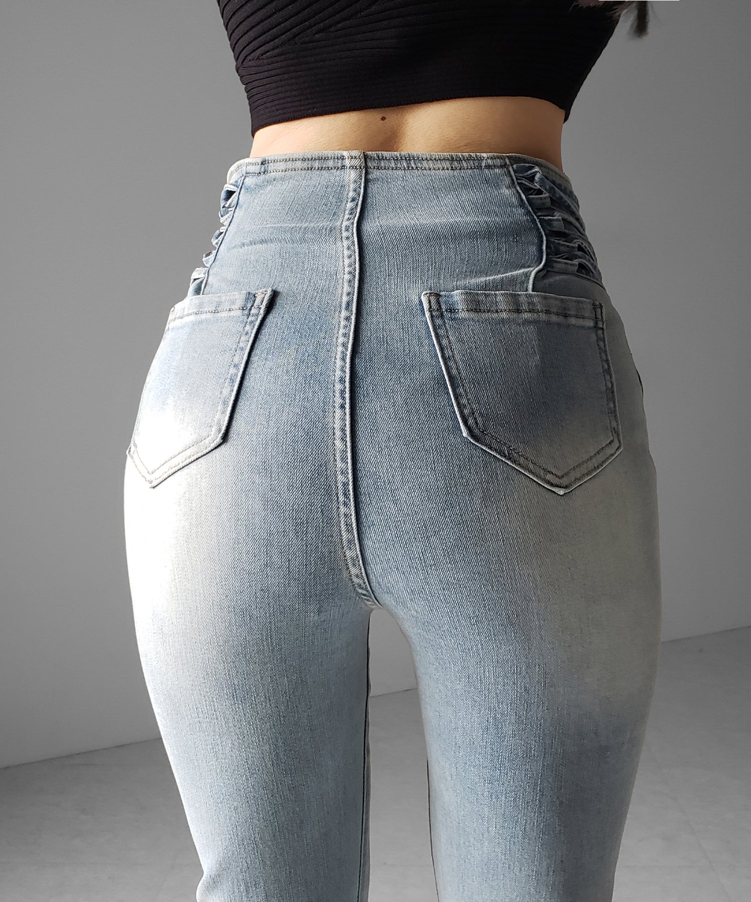 サイドレースアップリボン美脚ストレッチフレアデニム / side laceup ribbon slim leg stretch flare denim