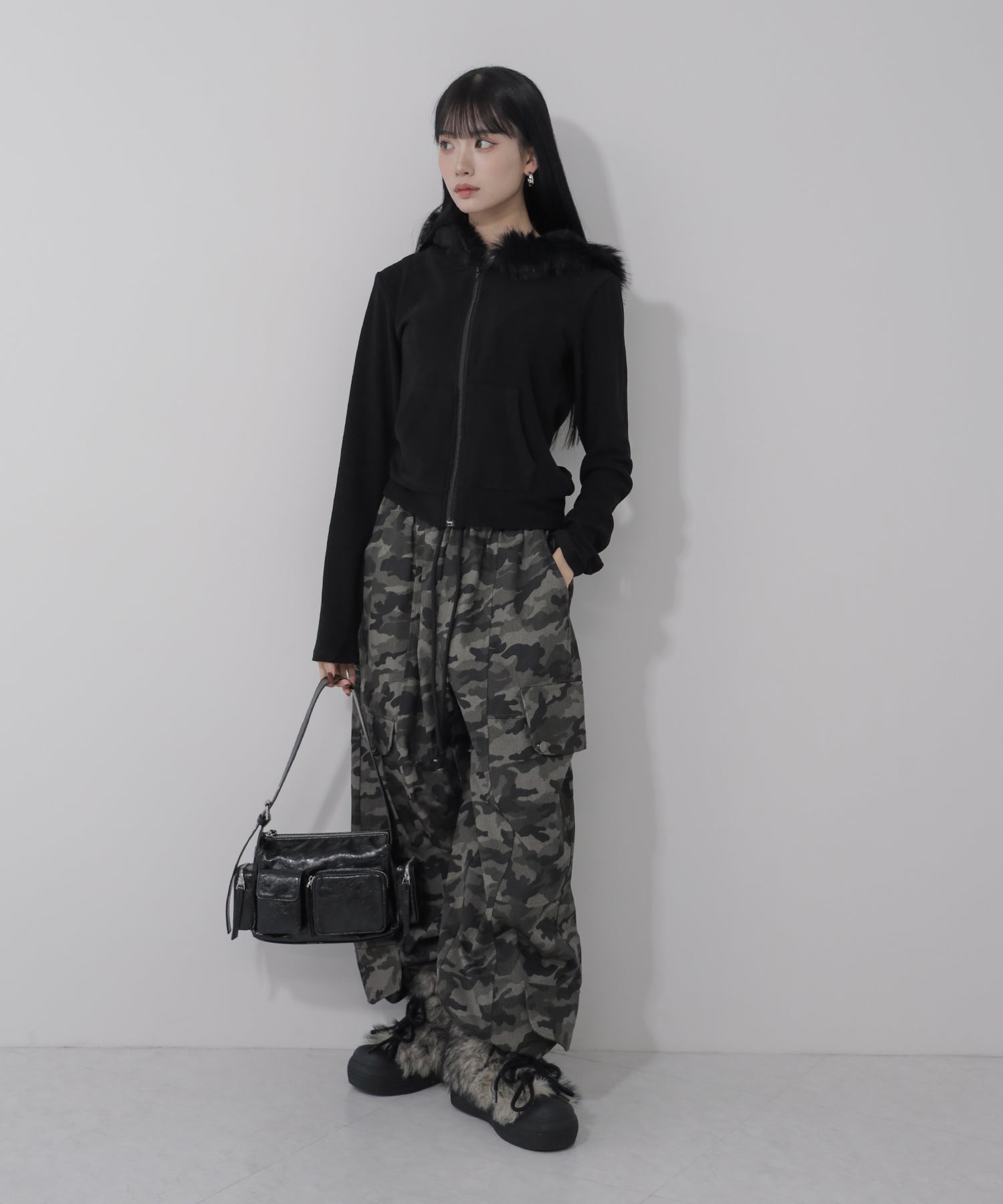 【 3color 】ファーフードジップアップパーカー / fur zipup hoodie