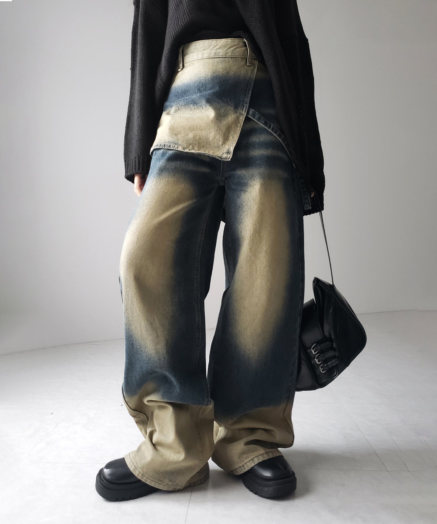 【 2color /4size 】ラップレイヤードバイカラーブリーチワイドデニム / wrap layered bicolor bleach wide denim