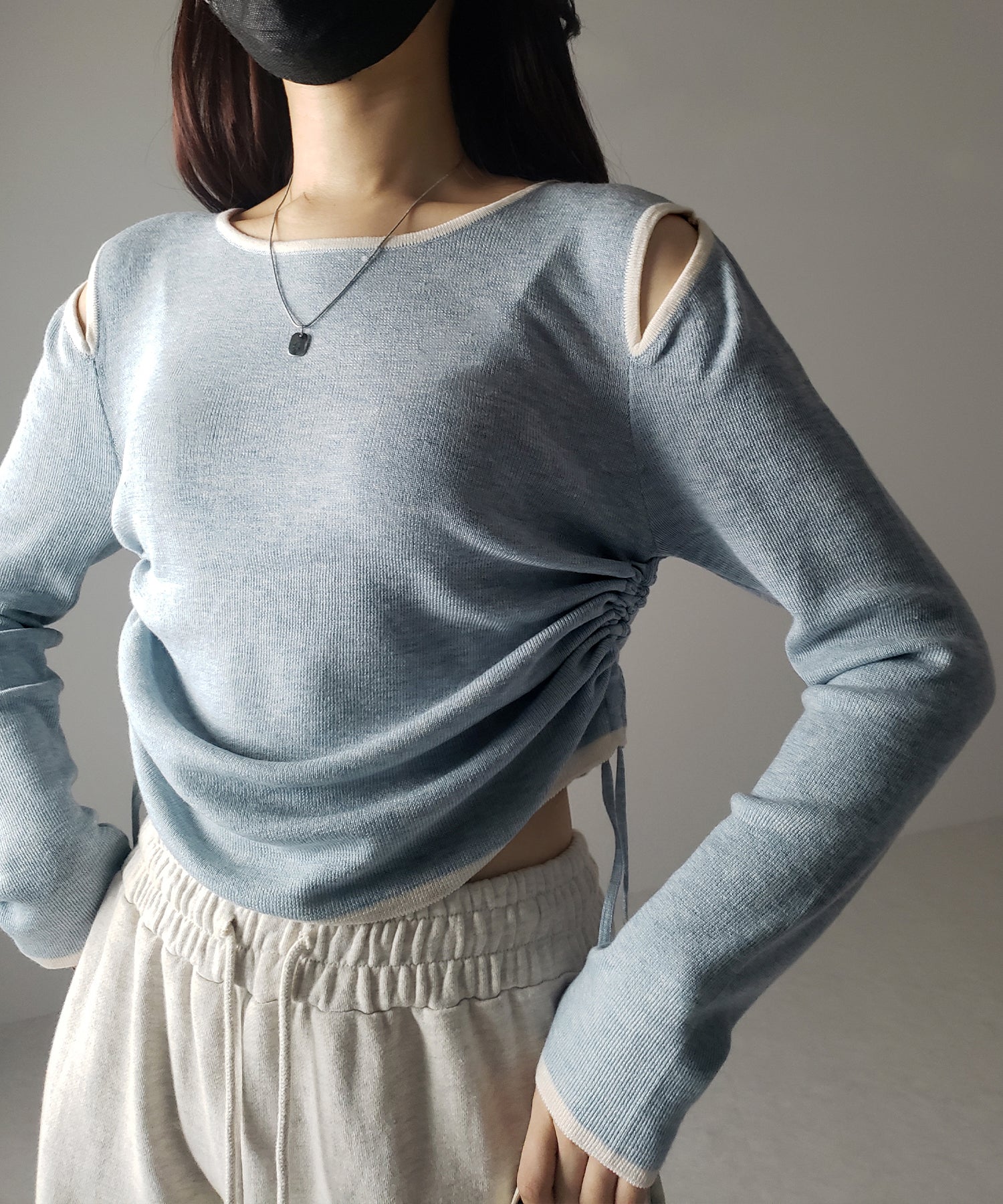 【 4color 】パイピングカットアウトサイドリボンニットトップス