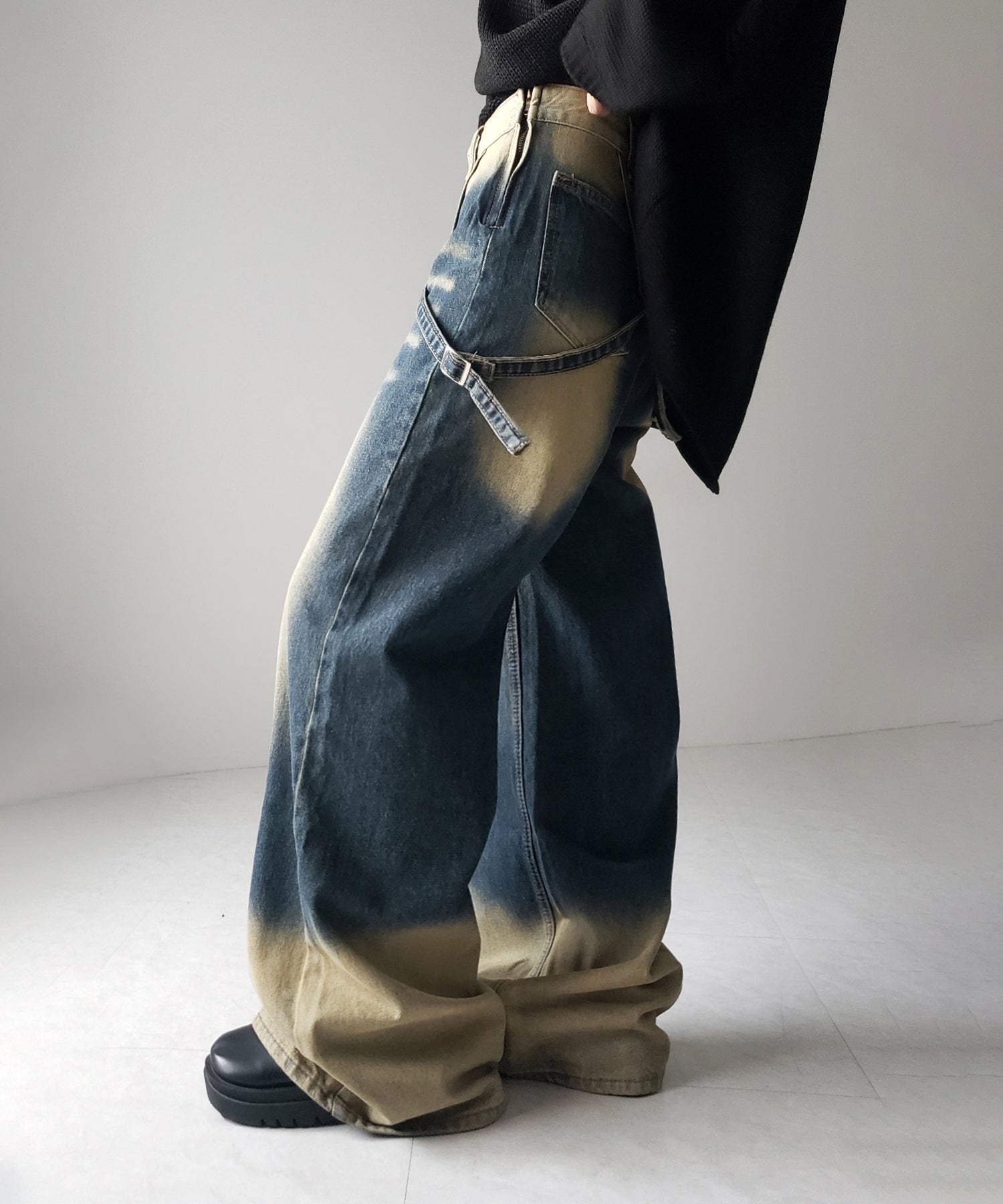 【 2color /4size 】ラップレイヤードバイカラーブリーチワイドデニム / wrap layered bicolor bleach wide denim