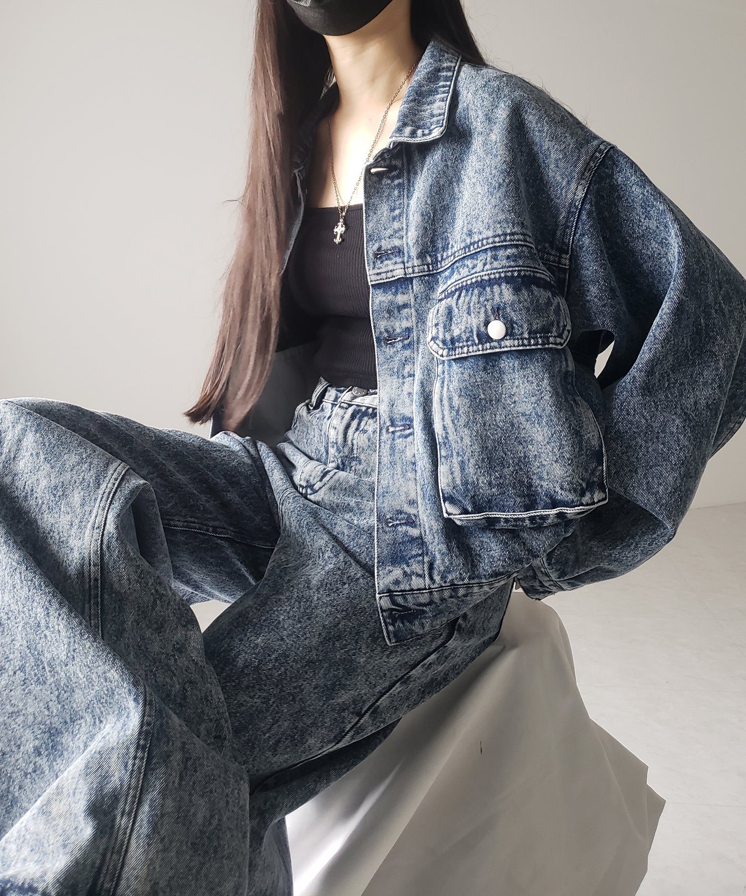 【 セットアップ着用可能 】ヴィンテージケミカルブリーチストレートワイドデニム / vintage chemical bleach straight wide denim