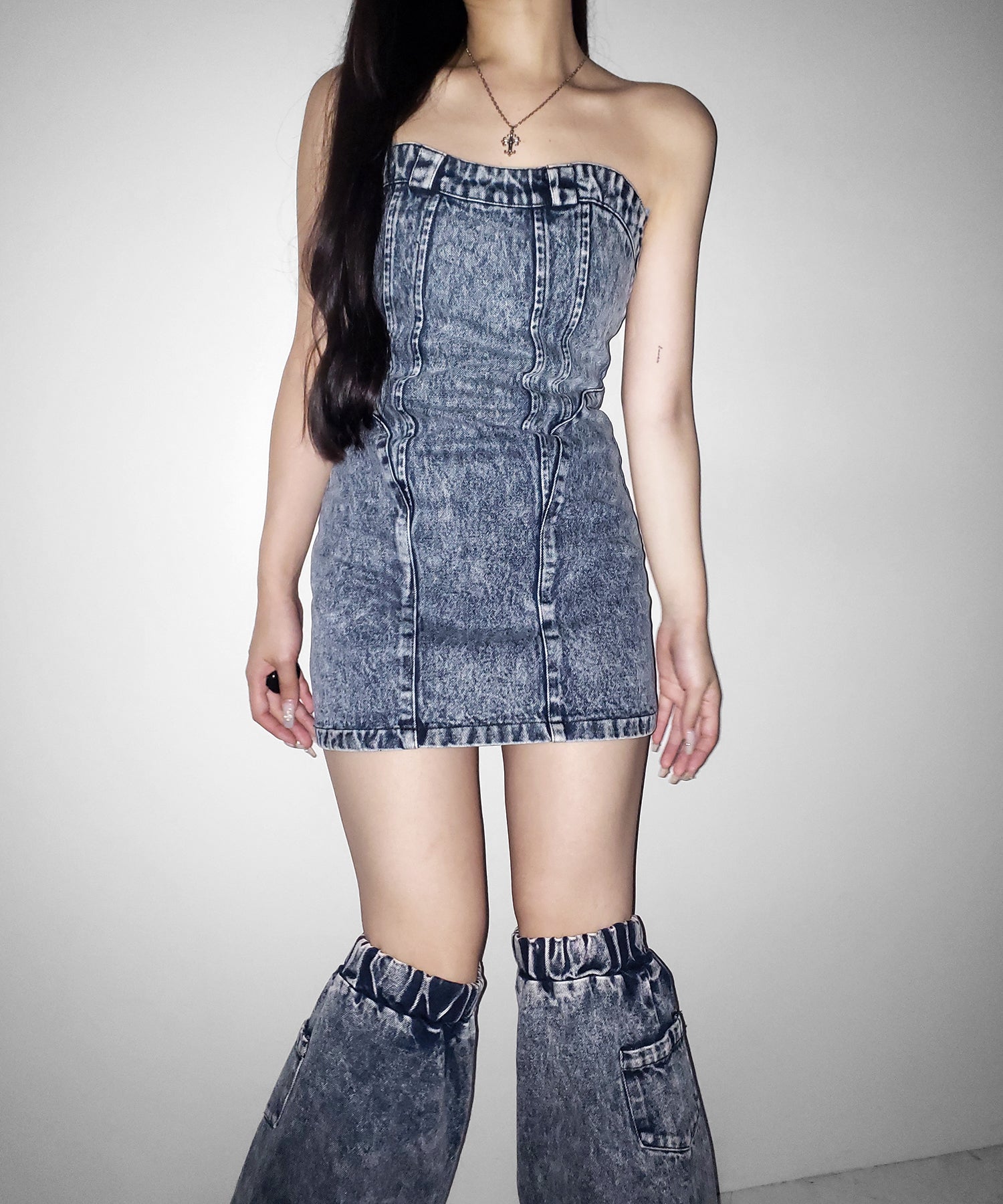 【 デニムセットアップ着用可能 】2WAYヴィンテージケミカルブリーチデニムベアミニワンピース / vintage chemical bleach denim bare mini onepiece