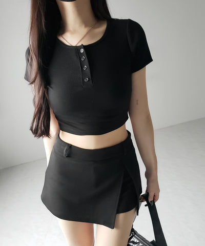 ヘンリーネック半袖ショートリブTシャツ /henley neck short sleeve short lib T-shirt