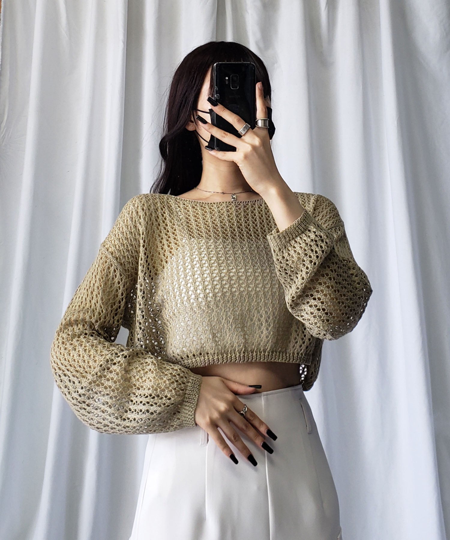 【 7color 】ショート丈メッシュクロシェ透かし編みニット