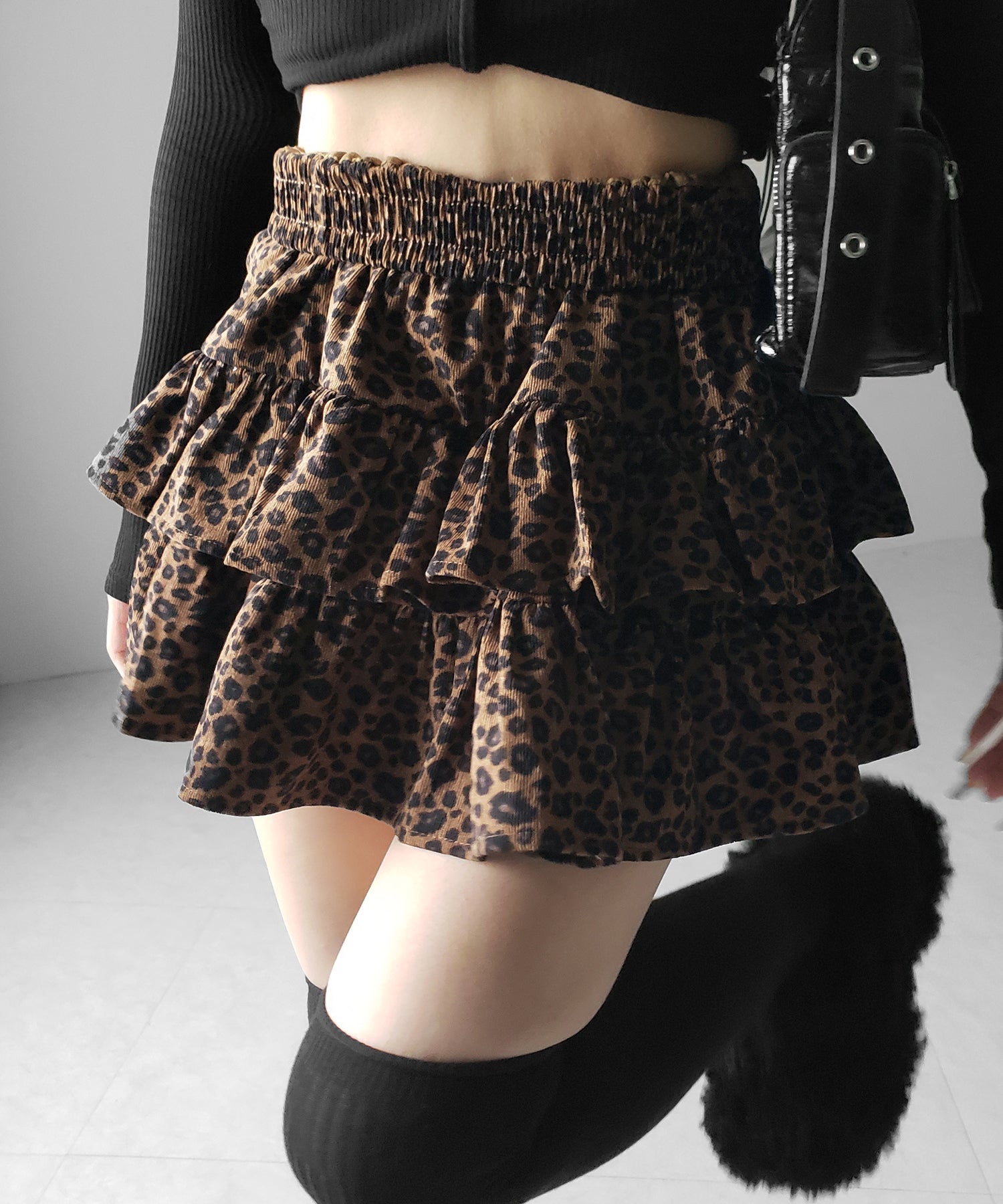 【 無地 or レオパードから選べる / インパン裏地付 】コーデュロイティアードフリルミニスカート / corduroy tiered frill mini skirt