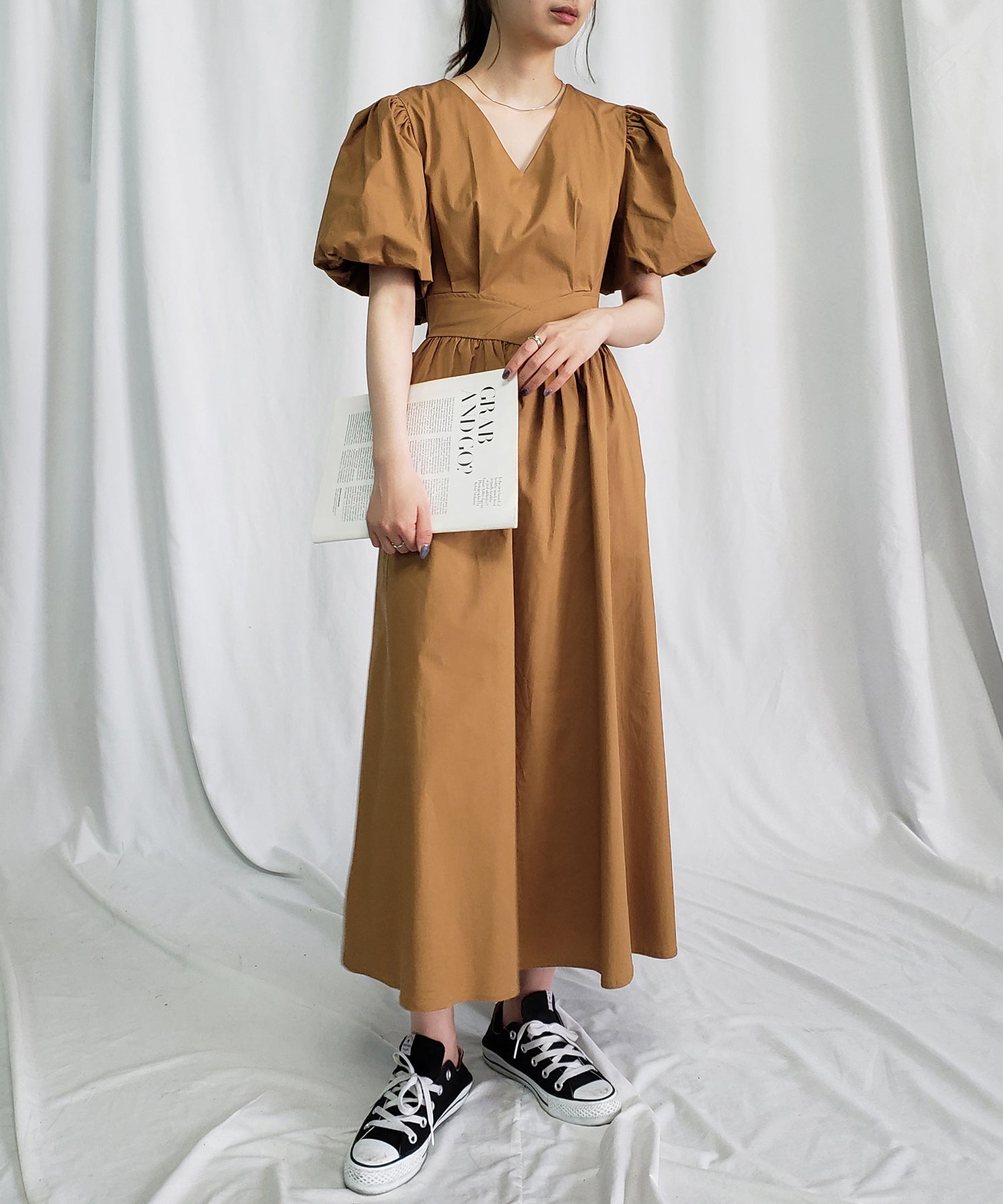 【 5COLOR 】ボリュームスリーブカットアウトバックリボンワンピース