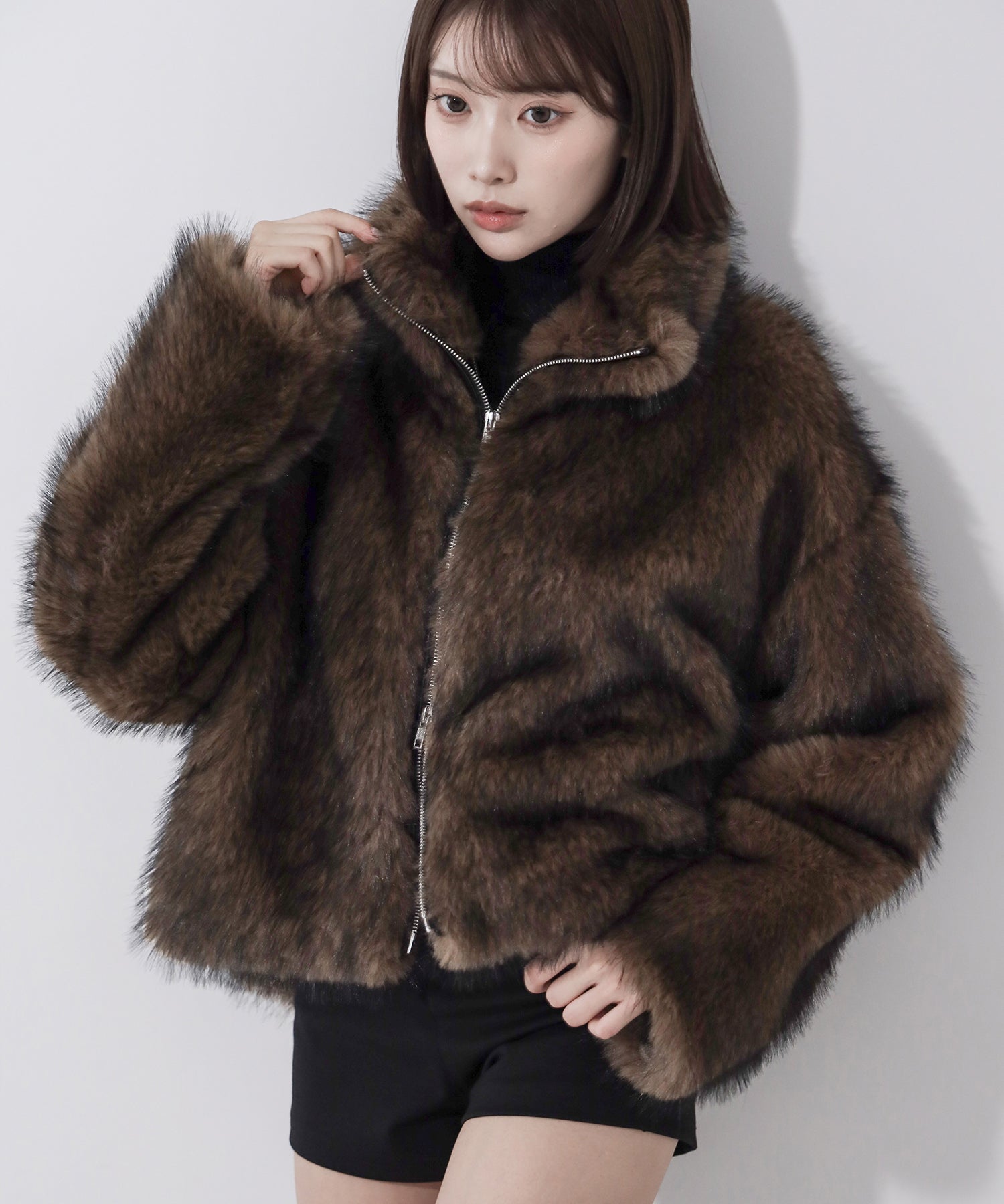 ダブルジップスタンドカラーミックスファージャケット / double zip stand collar mix fur jacket