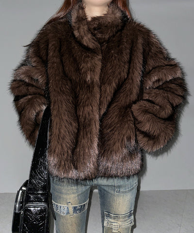 スタンドカラーフェイクファークロップドコート / stand collar fake fur cropped coat