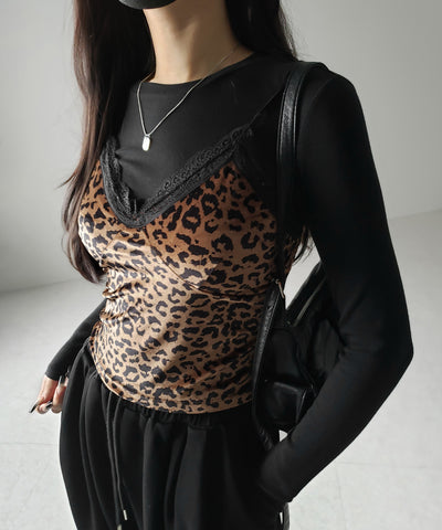 【 カップ付き 】レオパードベロアレースキャミビスチェ / reopard velor lace camisole bustier