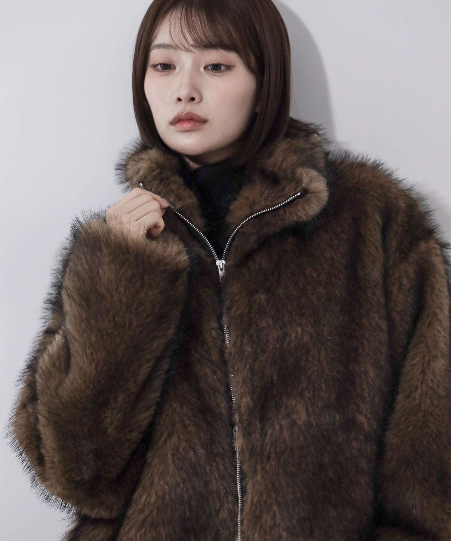 ダブルジップスタンドカラーミックスファージャケット / double zip stand collar mix fur jacket