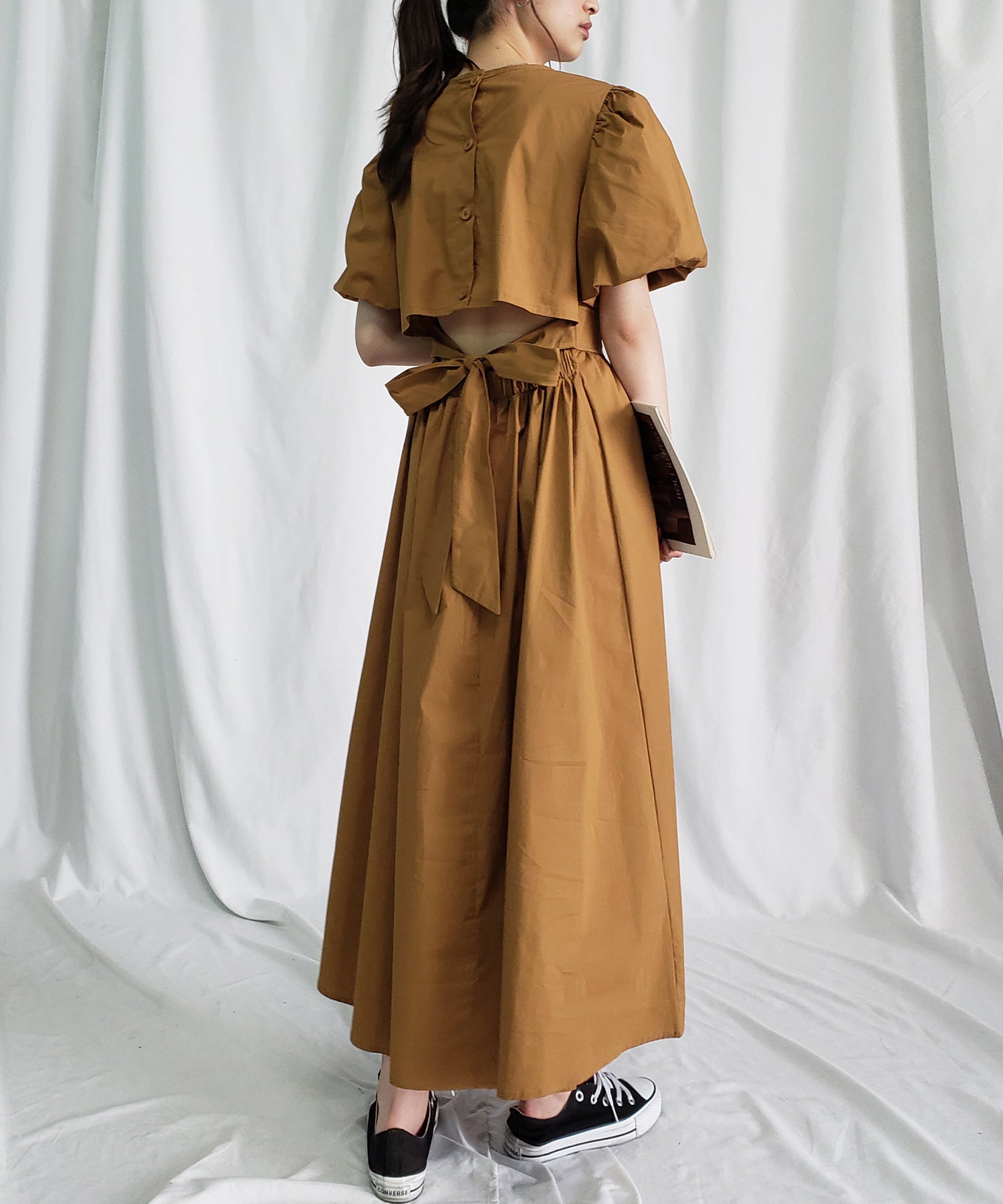 【 5COLOR 】ボリュームスリーブカットアウトバックリボンワンピース