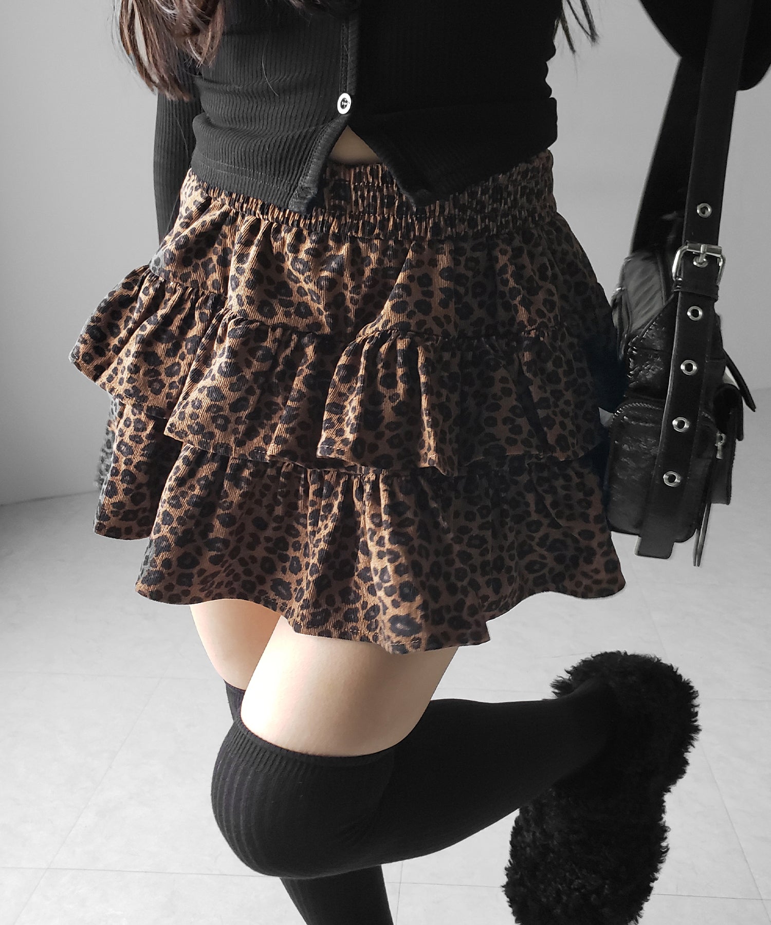 【 無地 or レオパードから選べる / インパン裏地付 】コーデュロイティアードフリルミニスカート / corduroy tiered frill mini skirt