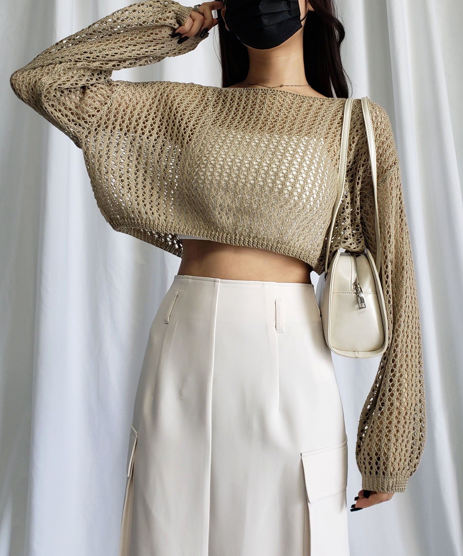 【 7color 】ショート丈メッシュクロシェ透かし編みニット