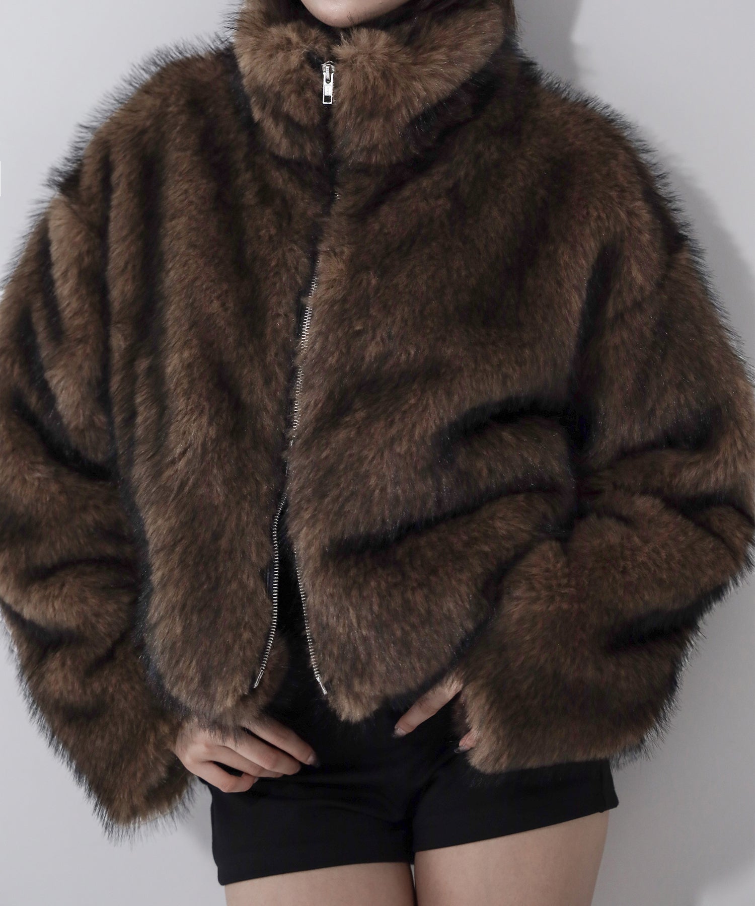 ダブルジップスタンドカラーミックスファージャケット / double zip stand collar mix fur jacket